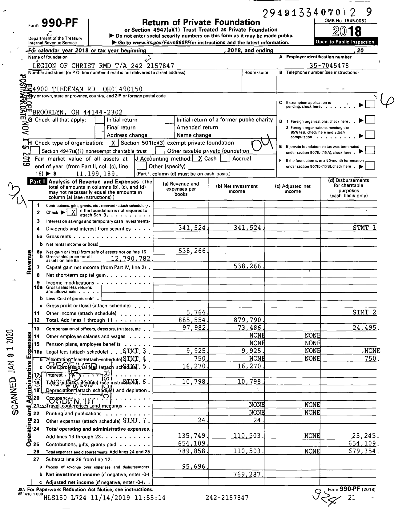 Image of first page of 2018 Form 990PF for Legion of Christ Et Al