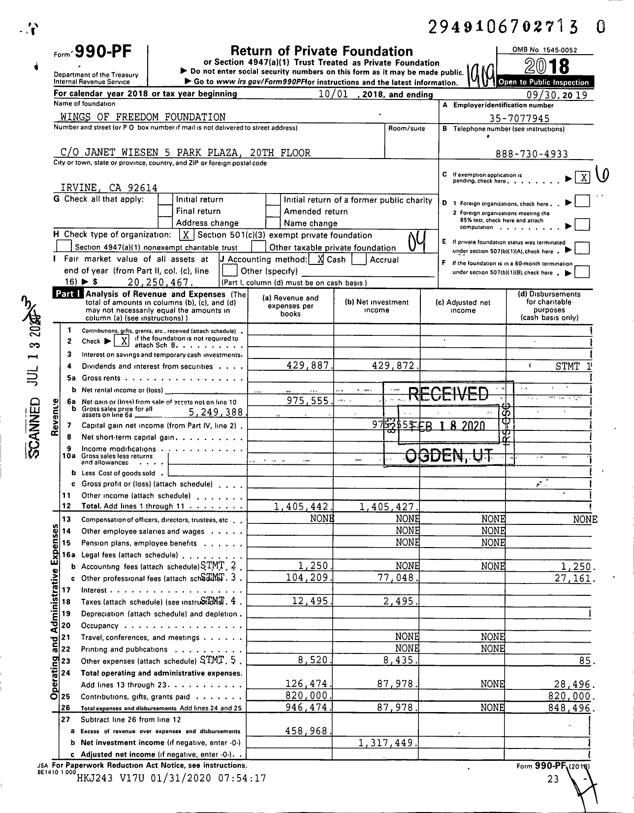 Image of first page of 2018 Form 990PR for Wings of Freedom Foundation