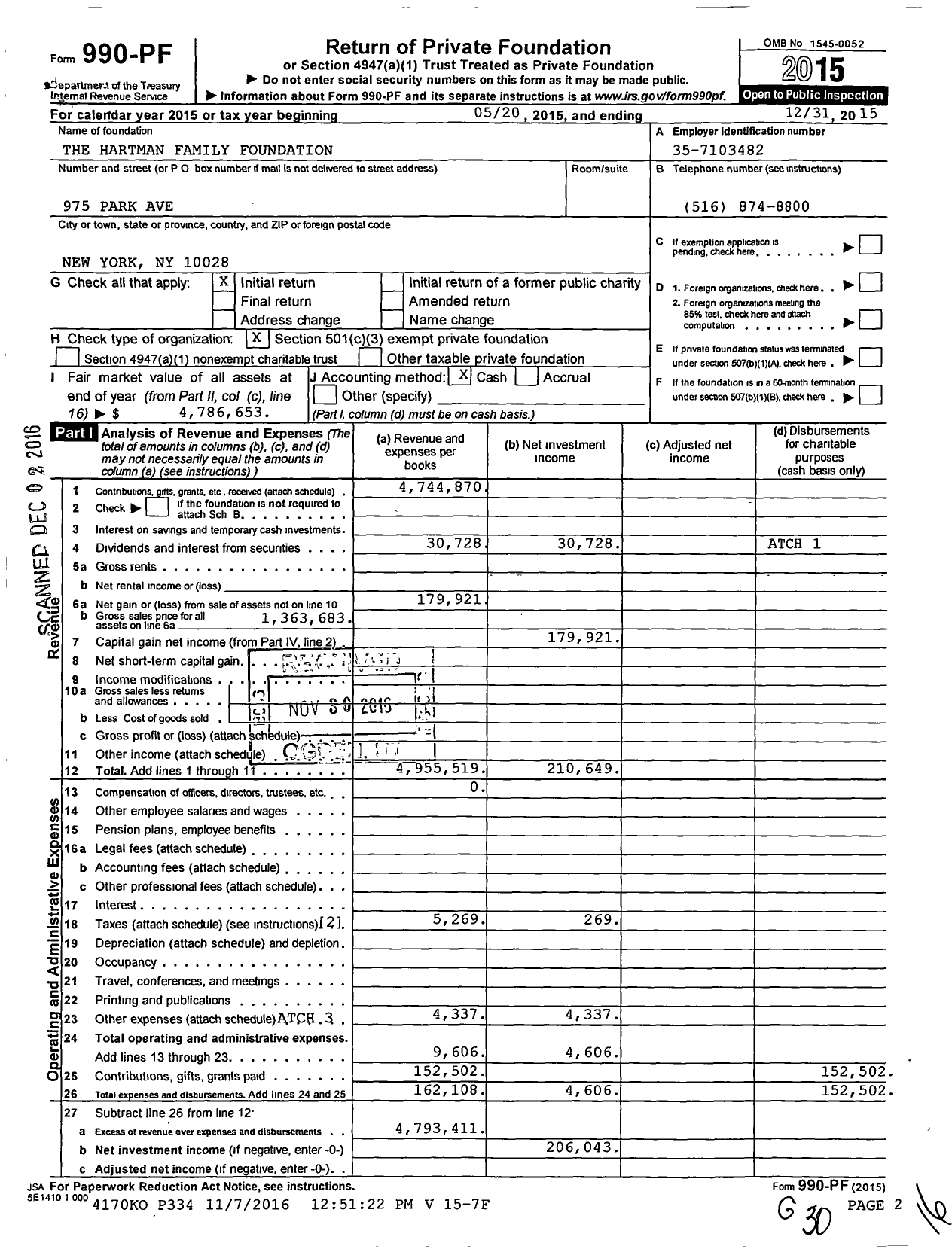 Image of first page of 2015 Form 990PF for The Hartman Family Foundation