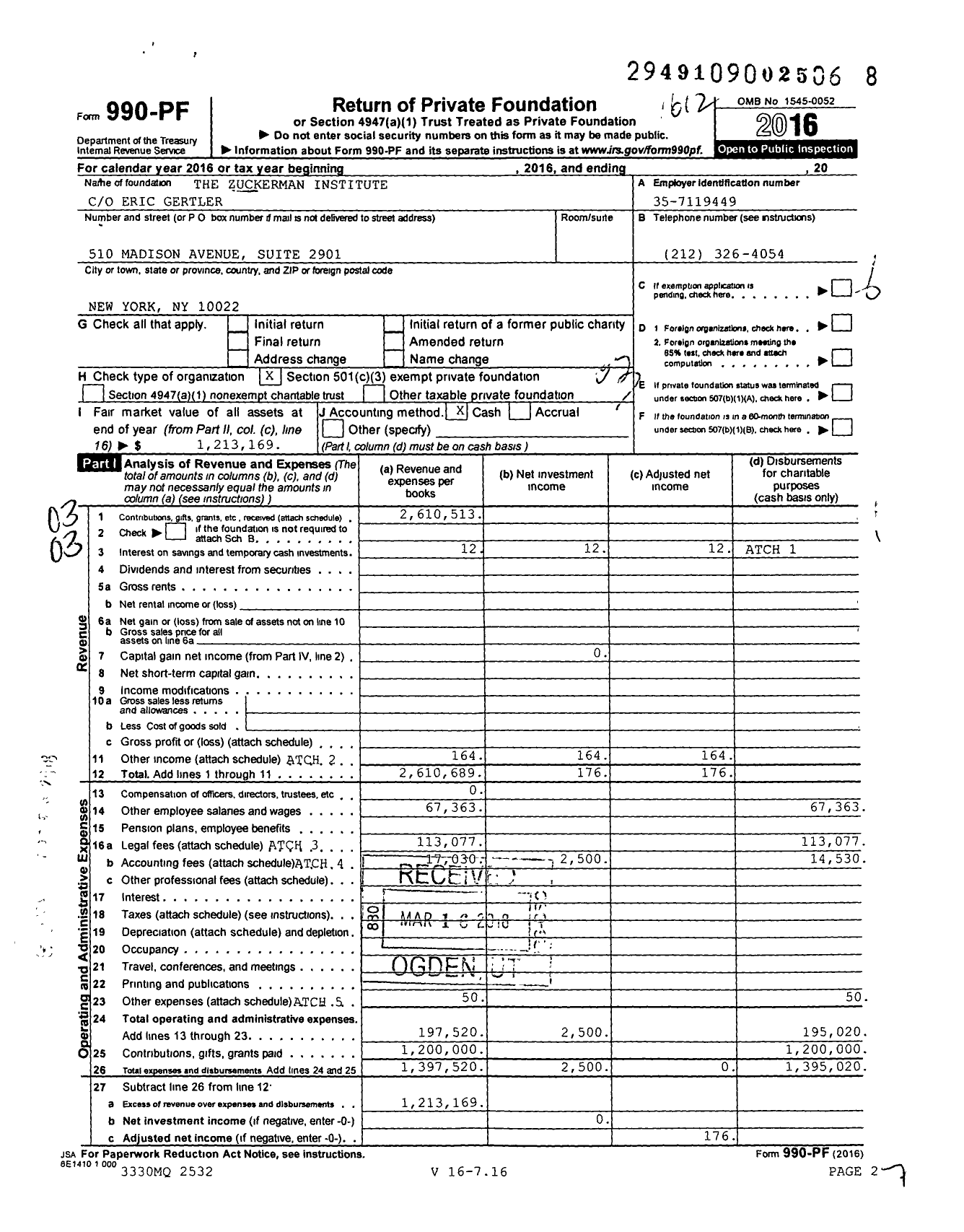 Image of first page of 2016 Form 990PF for The Zuckerman Institute