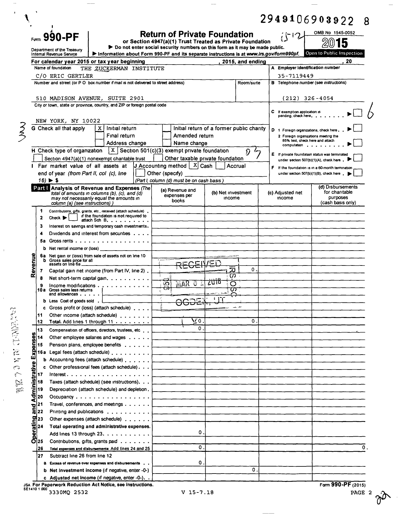 Image of first page of 2015 Form 990PF for The Zuckerman Institute