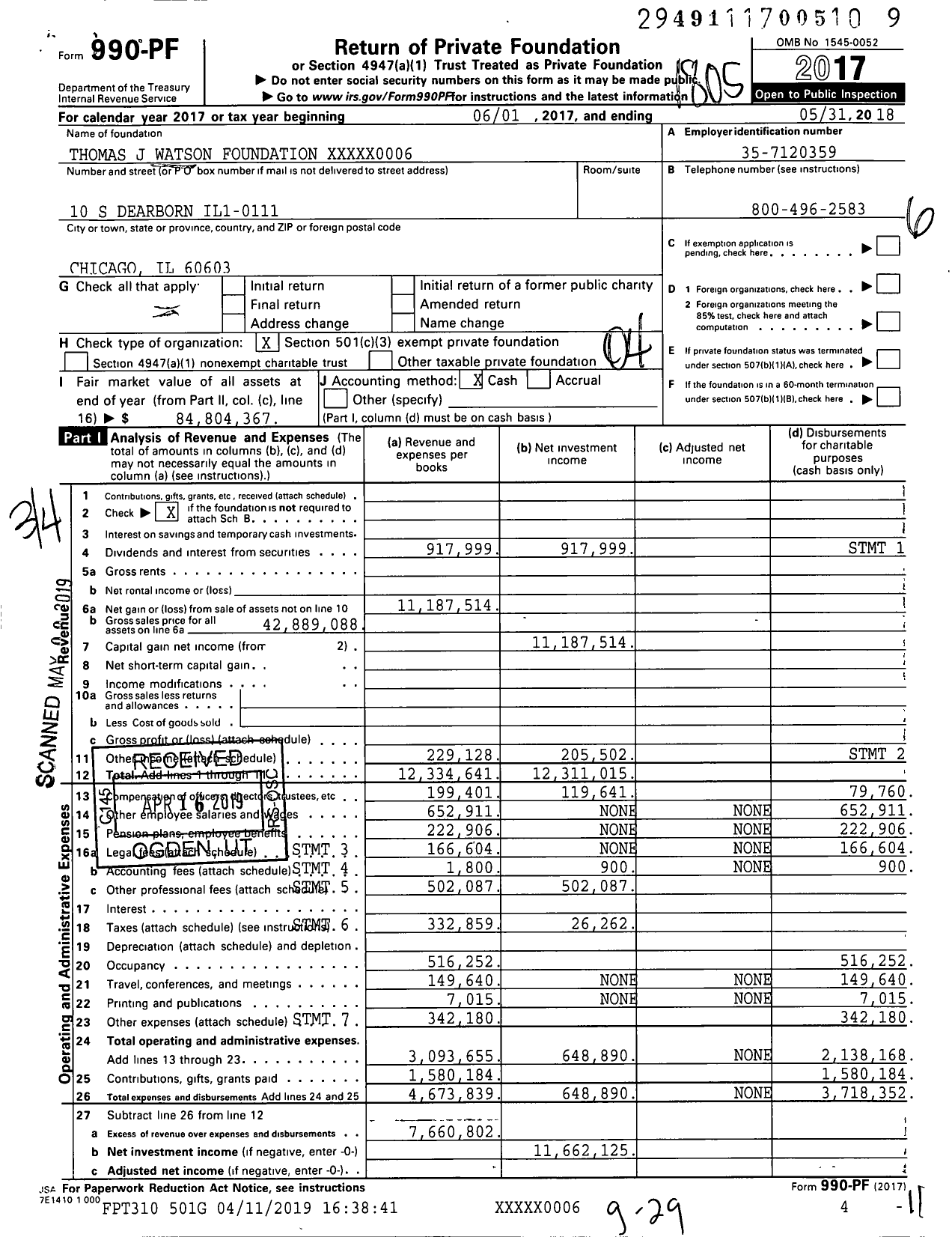 Image of first page of 2017 Form 990PF for Thomas J Watson Foundation XXXXX0006