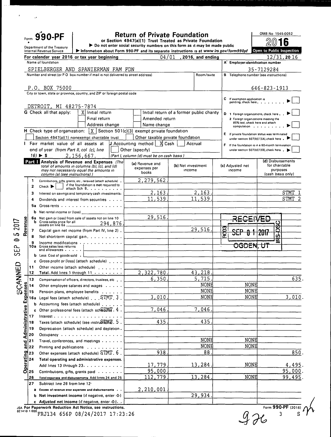 Image of first page of 2016 Form 990PF for The Dr Lawrence Spielberger and Dr Greta