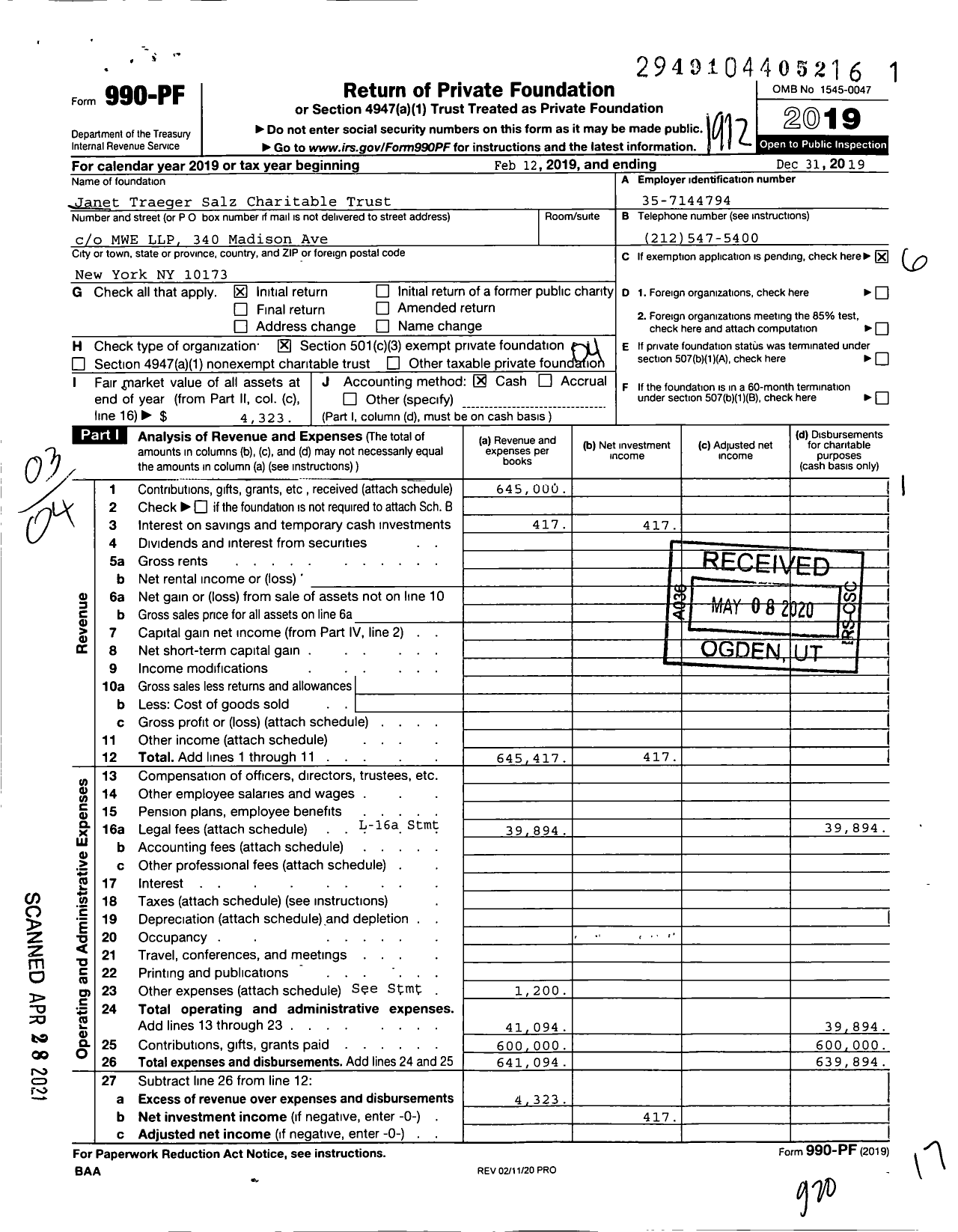 Image of first page of 2019 Form 990PF for Janet Traeger Salz Charitable Trust