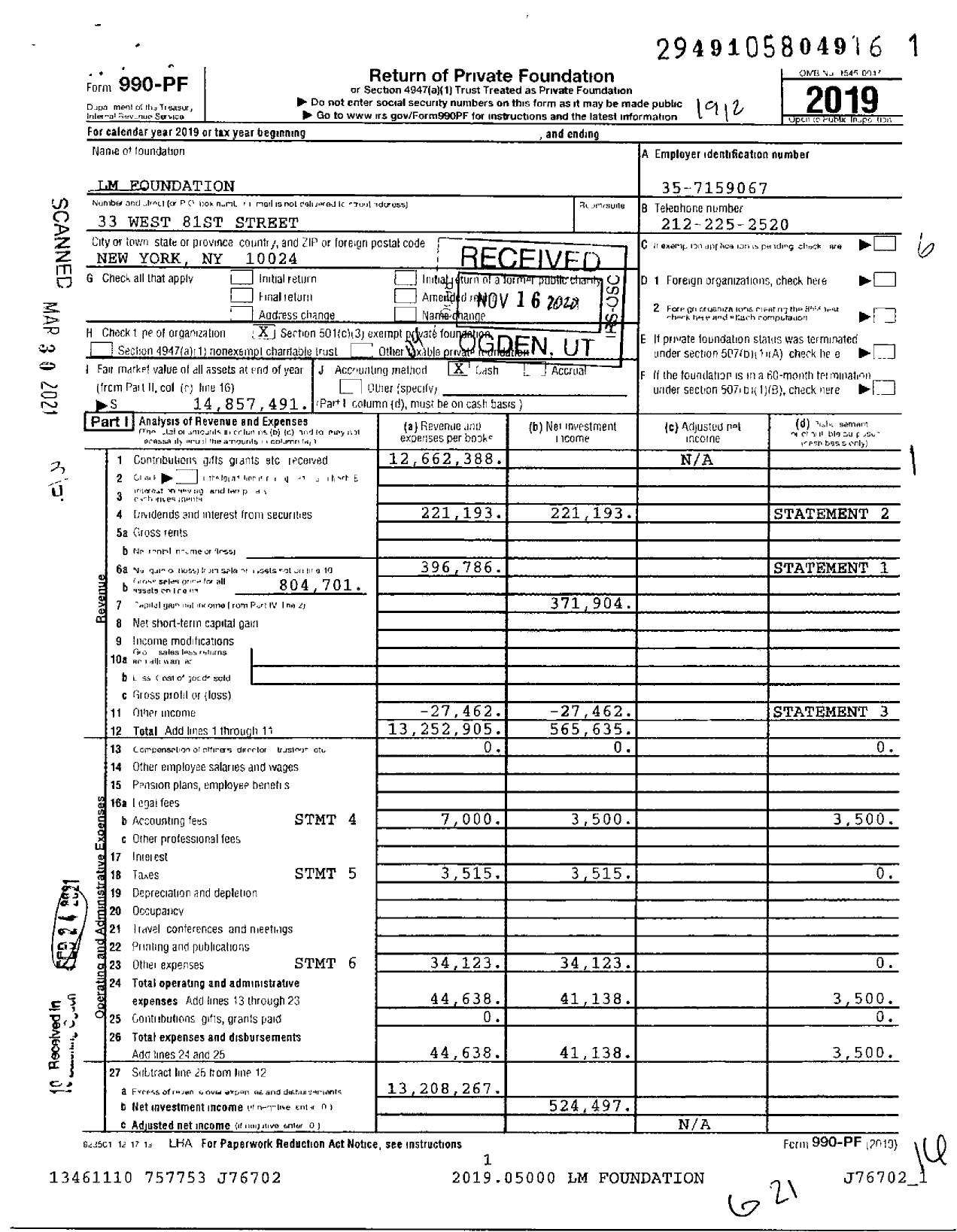 Image of first page of 2019 Form 990PF for LM Foundation