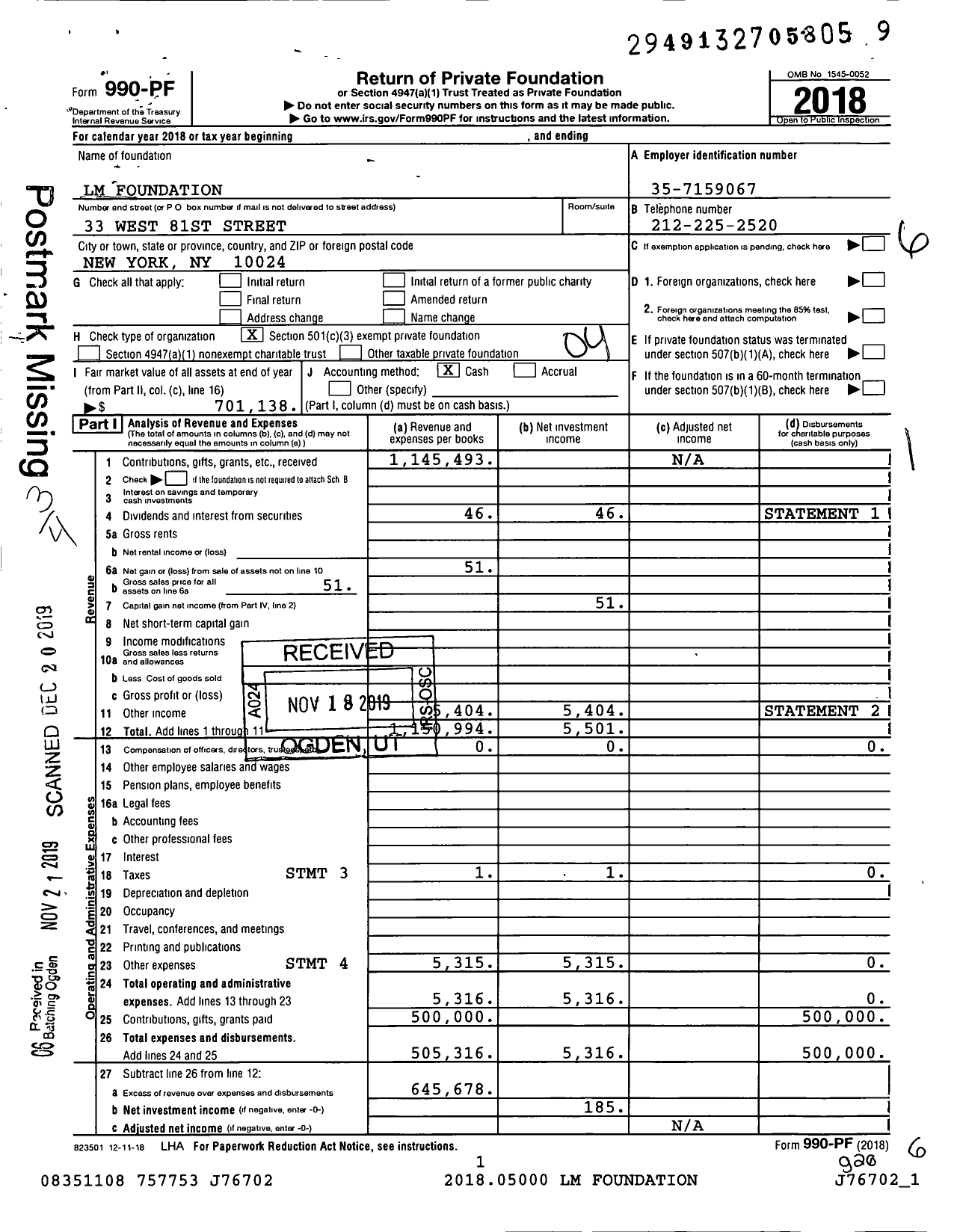 Image of first page of 2018 Form 990PF for LM Foundation