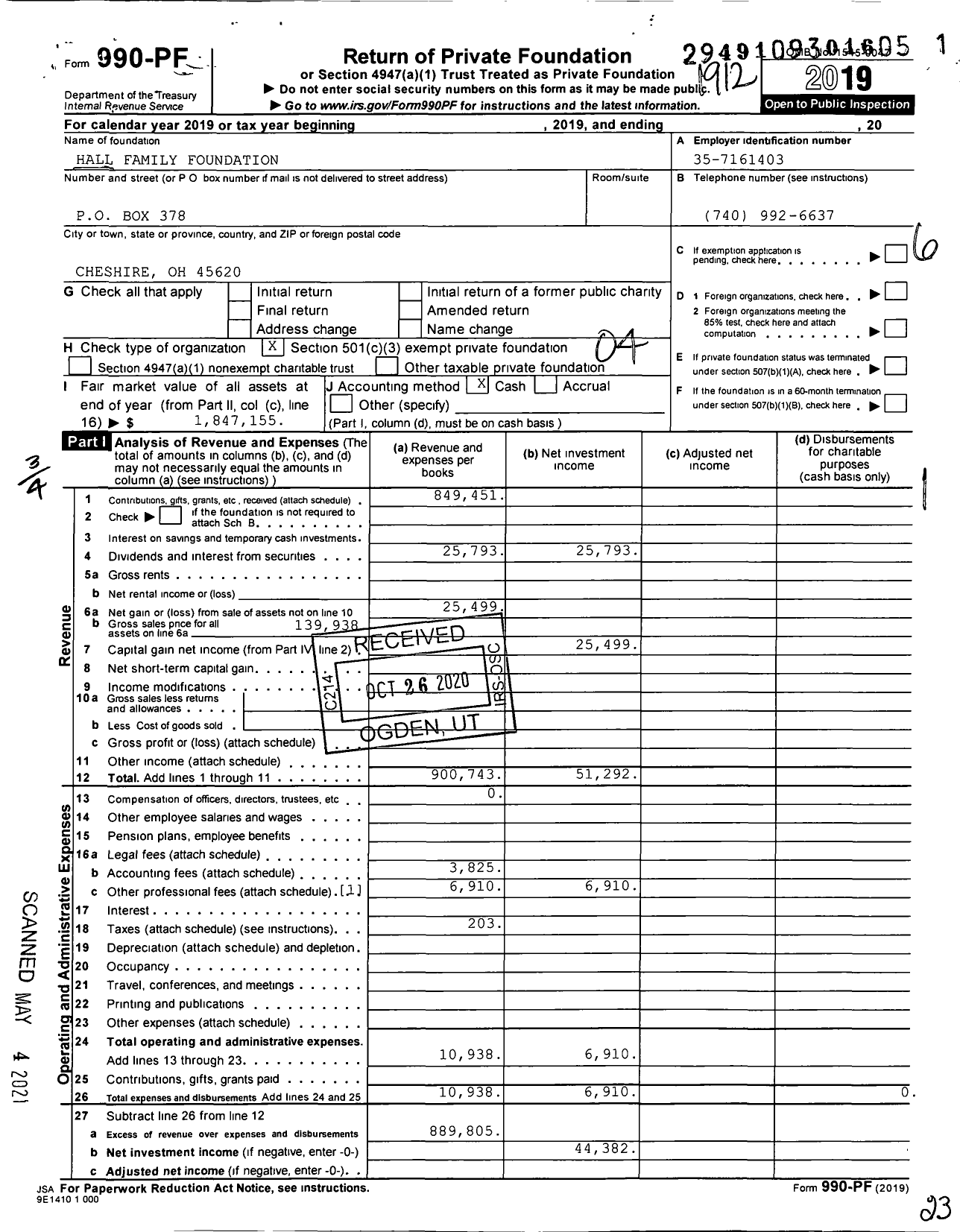 Image of first page of 2019 Form 990PF for Hall Family Foundation / Shelley J Haskins Co Ttee