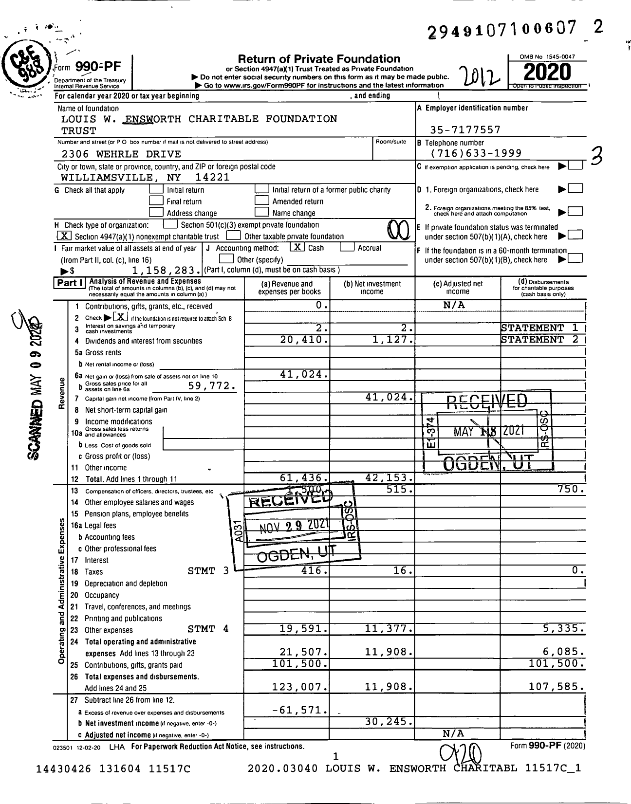 Image of first page of 2020 Form 990PF for Louis W. Ensworth Charitable Foundation Trust