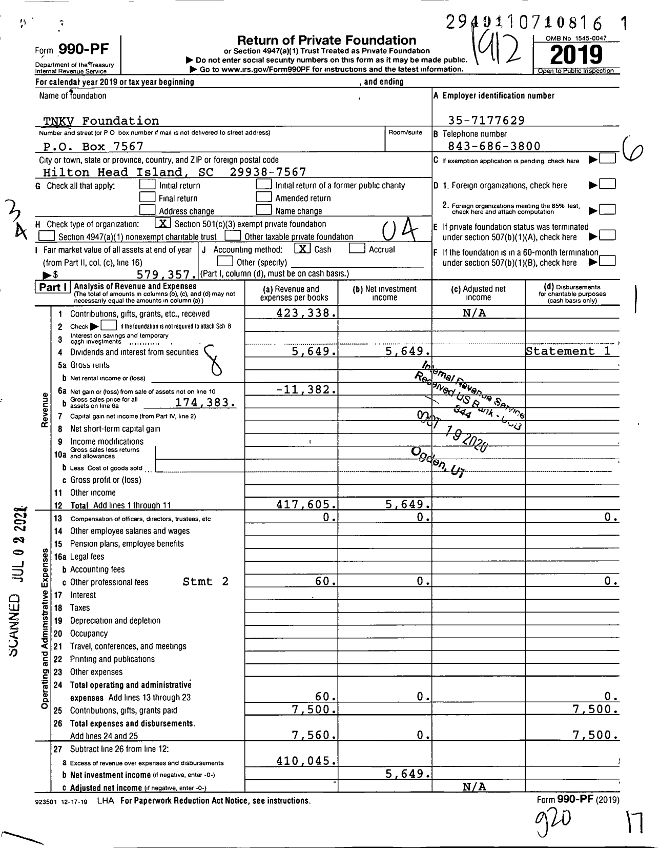 Image of first page of 2019 Form 990PF for TNKV Foundation