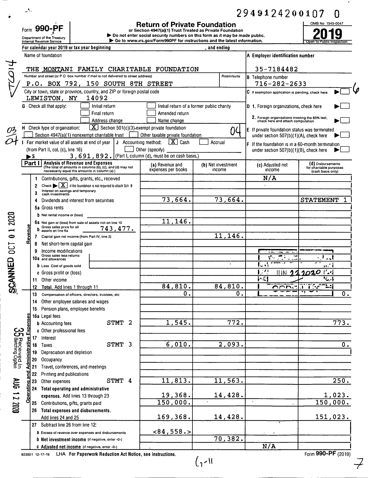 Image of first page of 2019 Form 990PR for The Montani Family Charitable Foundation