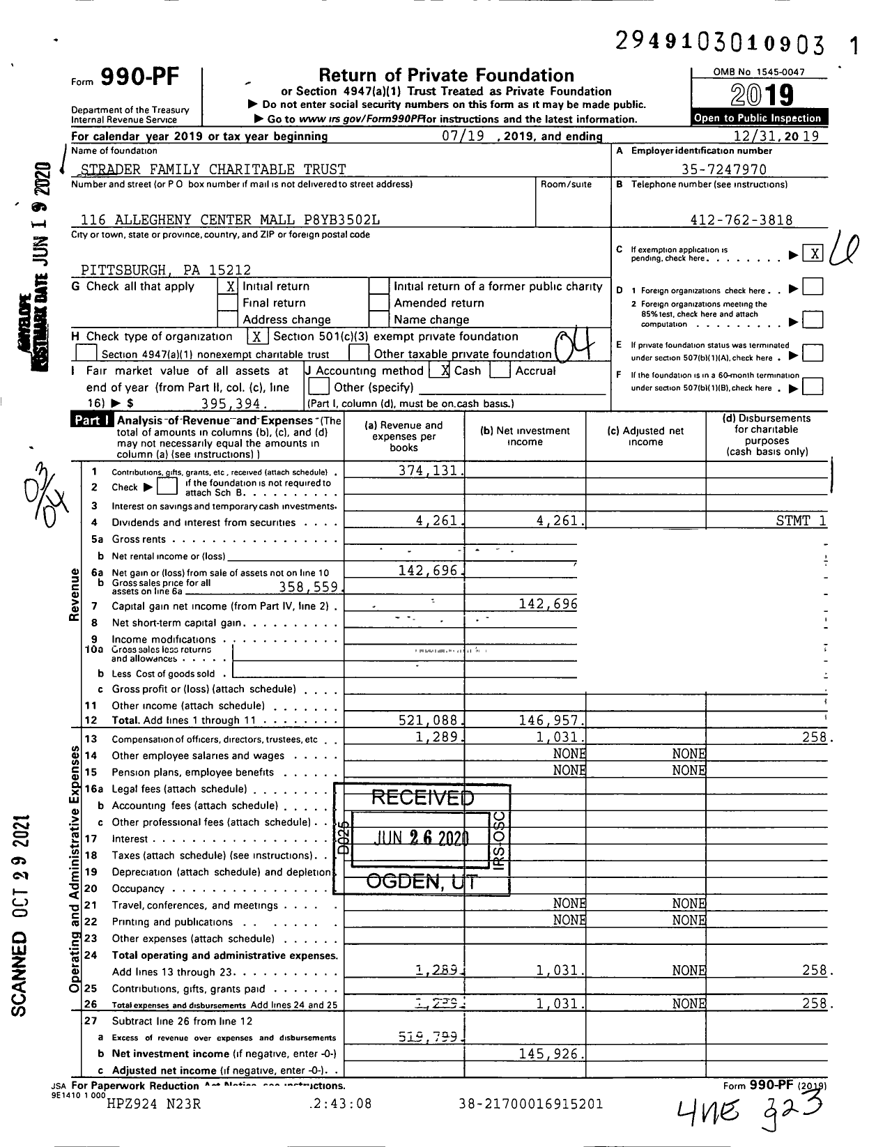 Image of first page of 2019 Form 990PF for Strader Family Charitable Trust