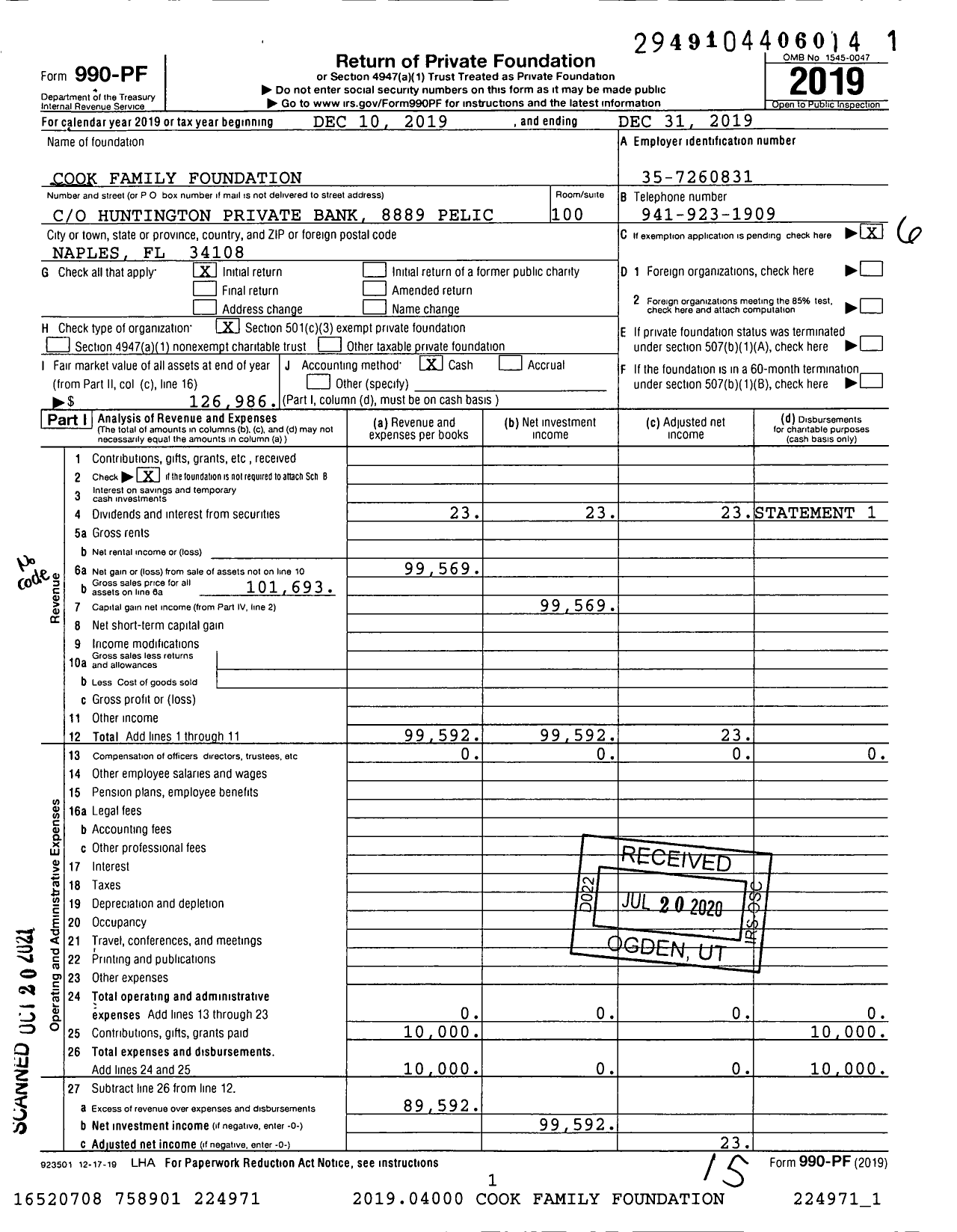 Image of first page of 2019 Form 990PF for Cook Family Foundation