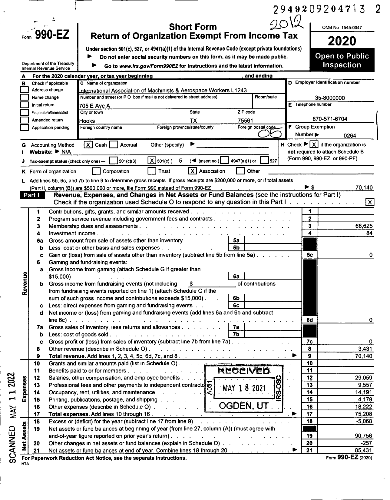 Image of first page of 2020 Form 990EO for International Association of Machinists and Aerospace Workers - 1243