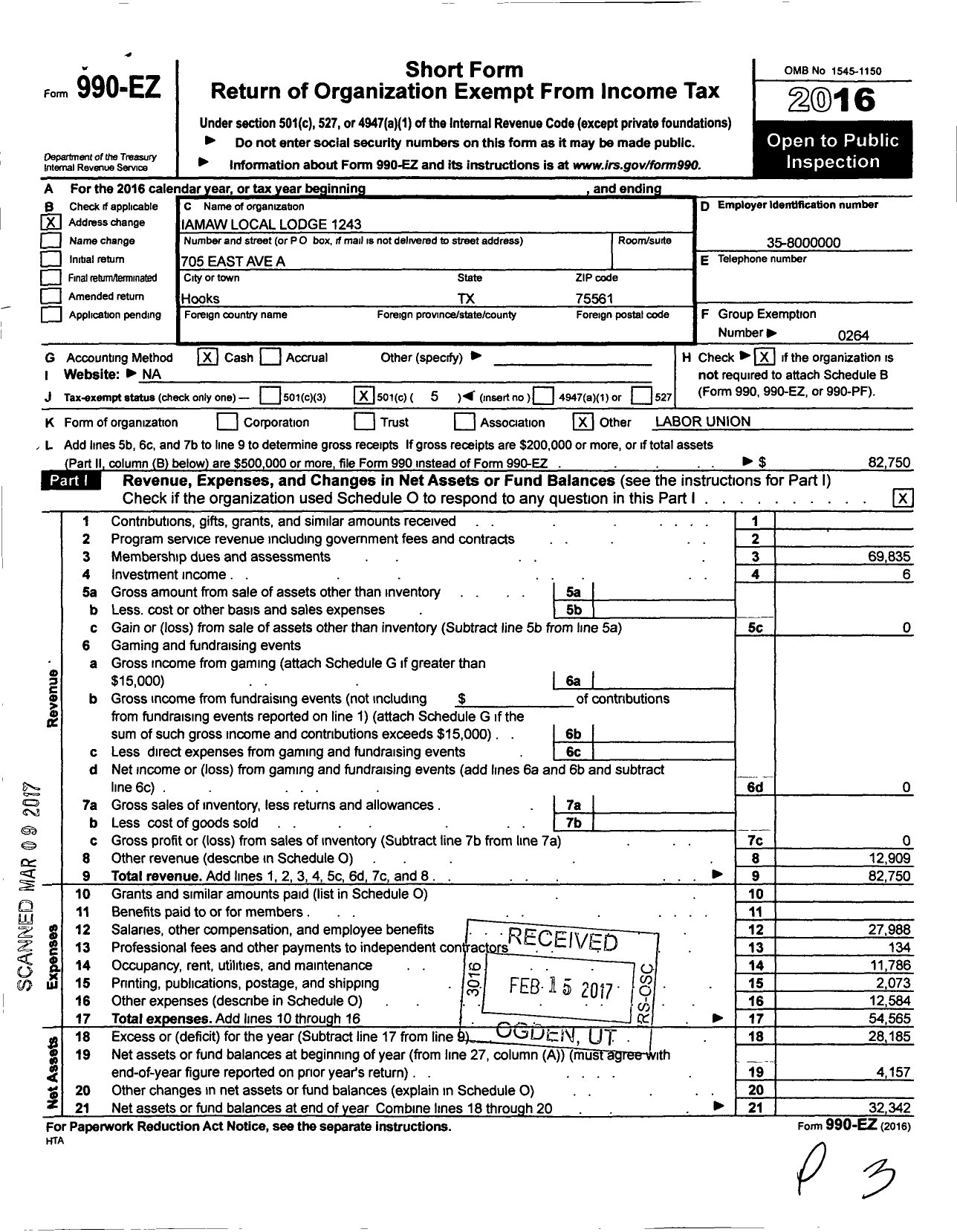 Image of first page of 2016 Form 990EO for International Association of Machinists and Aerospace Workers - 1243