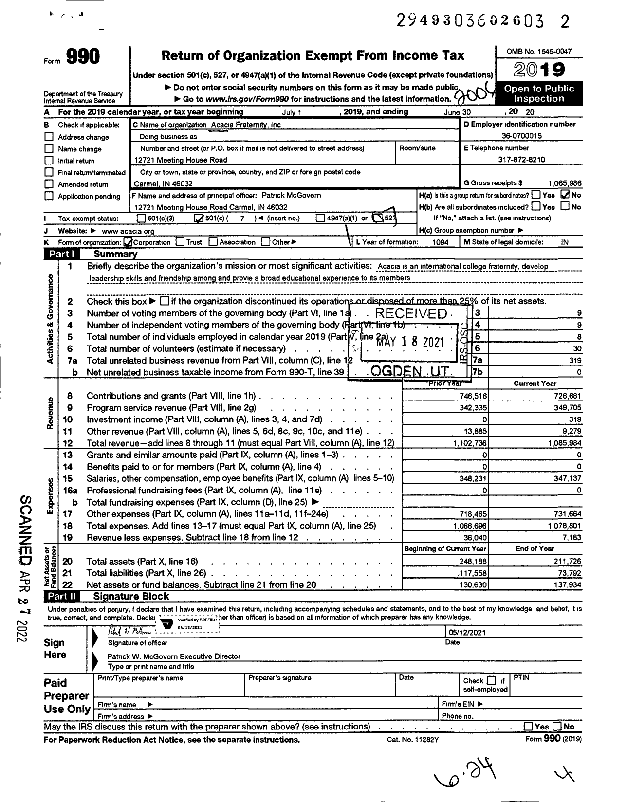 Image of first page of 2019 Form 990O for Acacia Fraternity