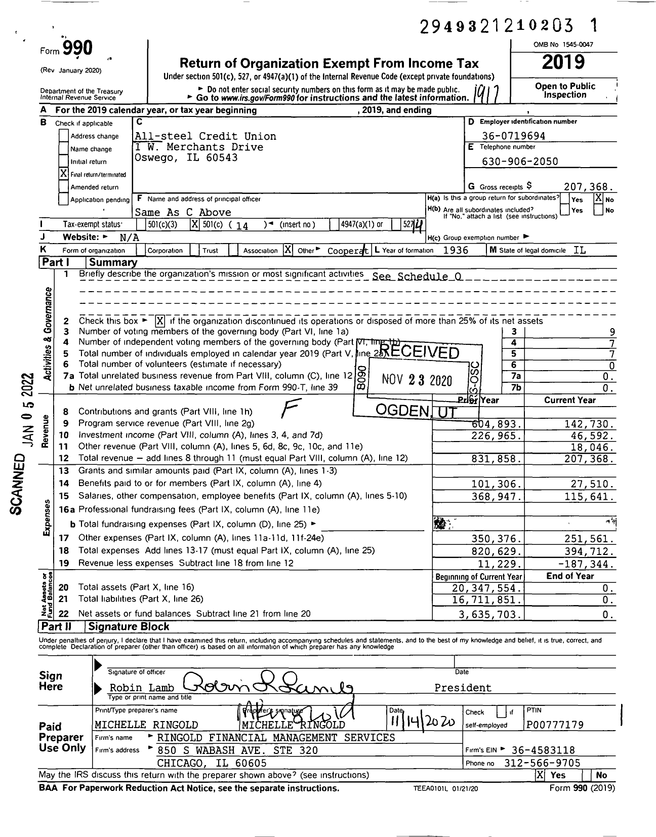 Image of first page of 2019 Form 990O for All-steel Credit Union