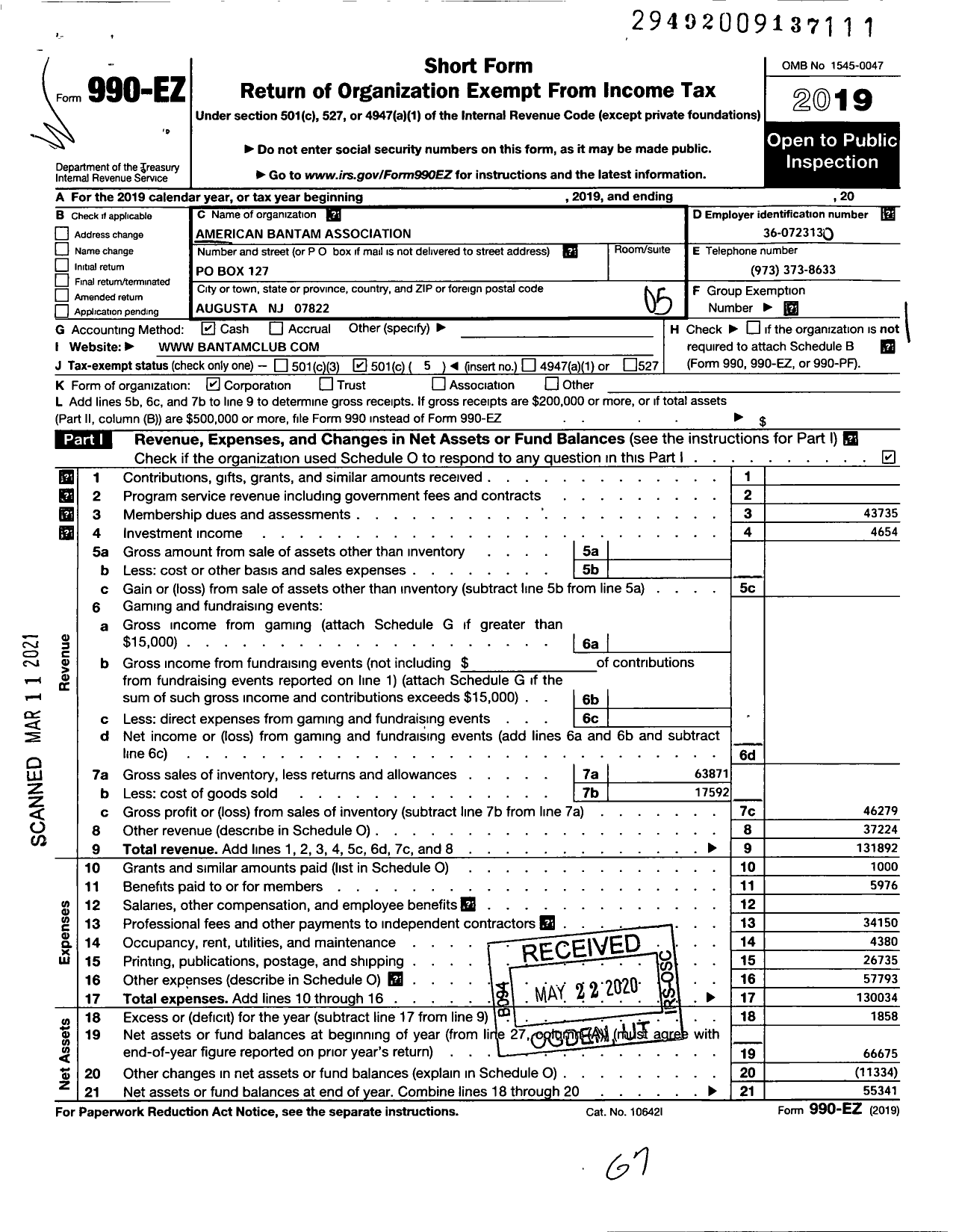 Image of first page of 2019 Form 990EO for American Bantam Association