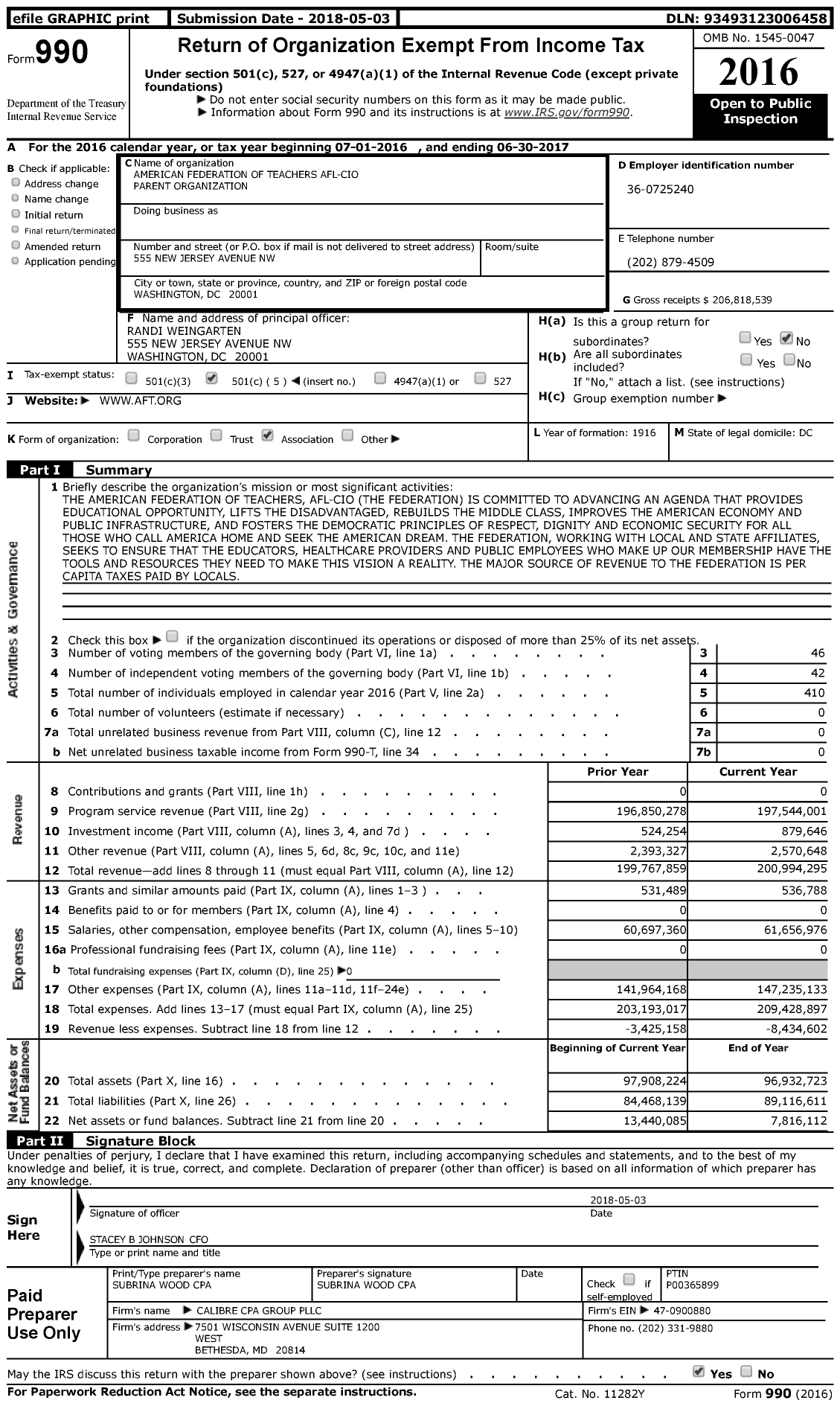 Image of first page of 2016 Form 990 for American Federation of Teachers - Parent Organization (AFT)