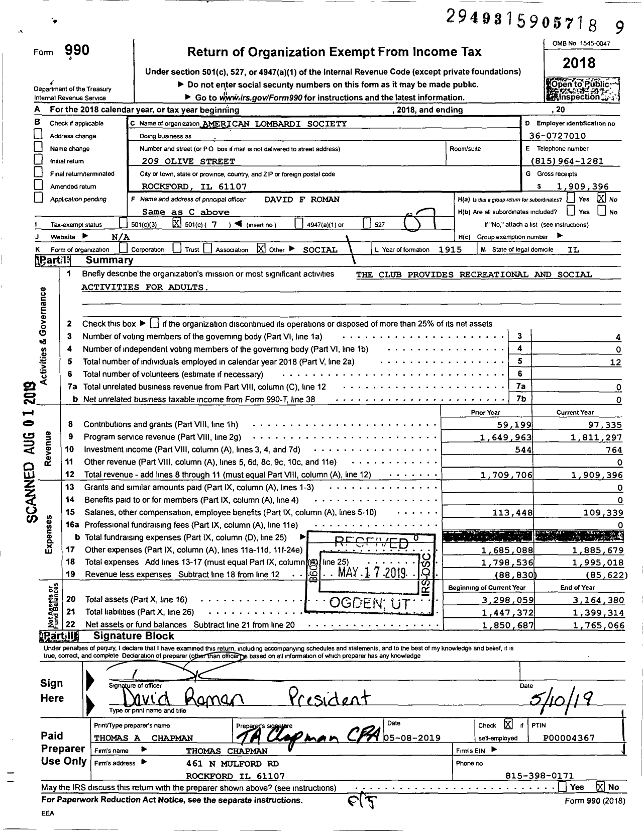 Image of first page of 2018 Form 990O for American Lombardi Society