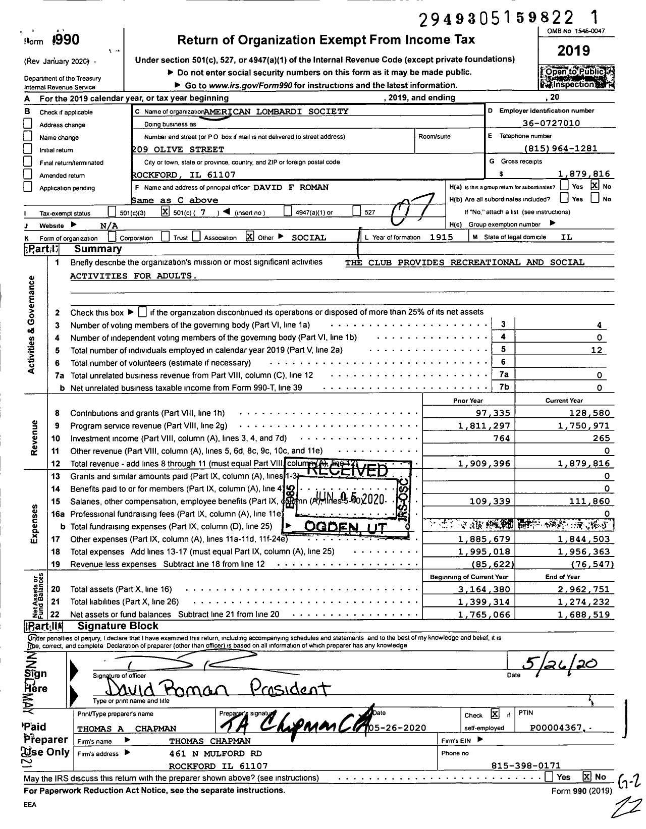 Image of first page of 2019 Form 990O for American Lombardi Society