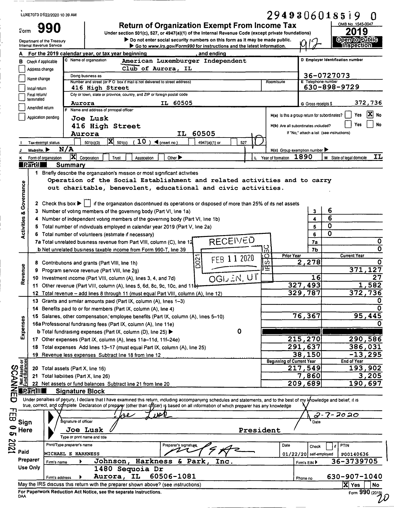 Image of first page of 2019 Form 990O for American Luxemburger Independent Club of Aurora Il