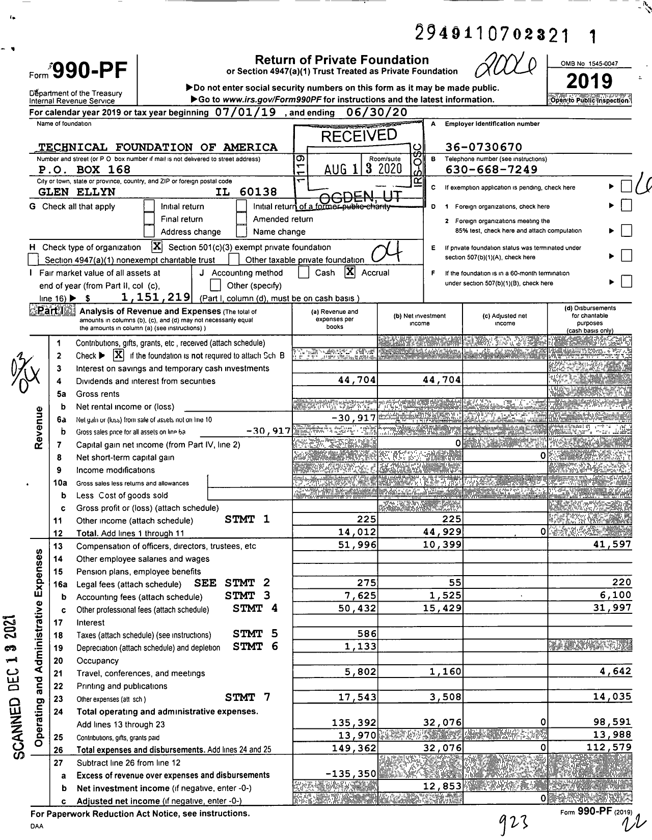 Image of first page of 2019 Form 990PF for Technical Foundation of America