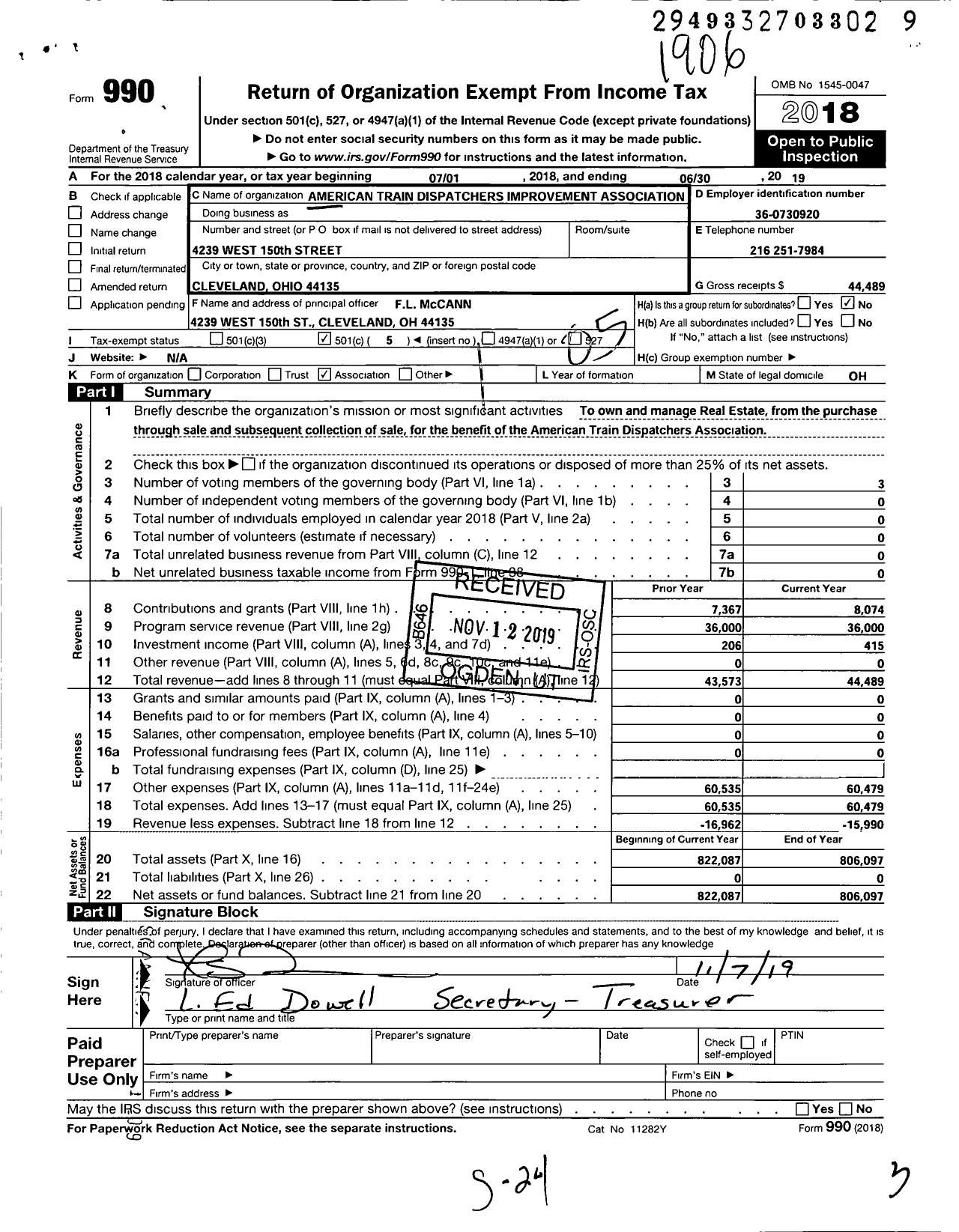 Image of first page of 2018 Form 990O for American Train Dispatchers Improvement Association