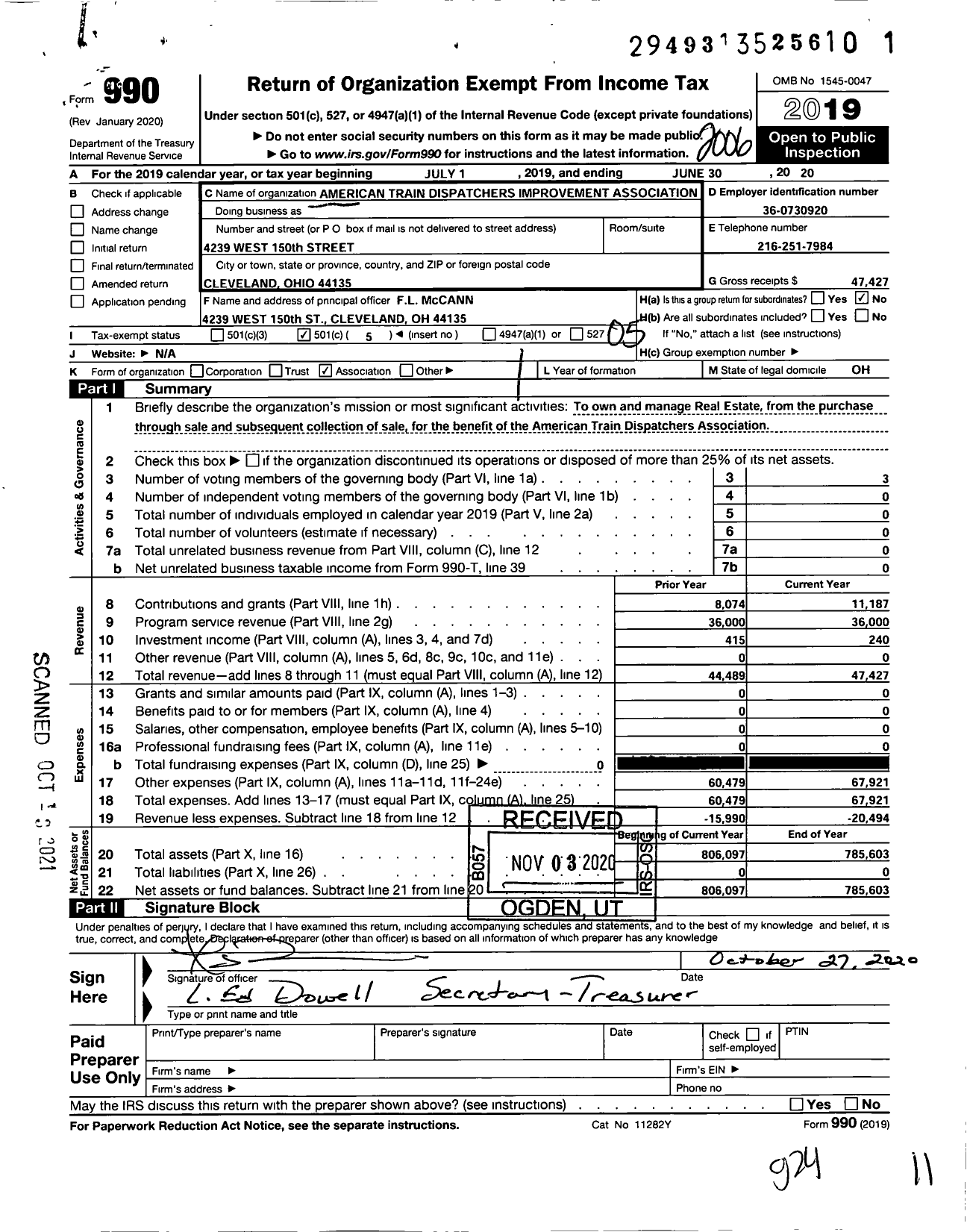 Image of first page of 2019 Form 990O for American Train Dispatchers Improvement Association