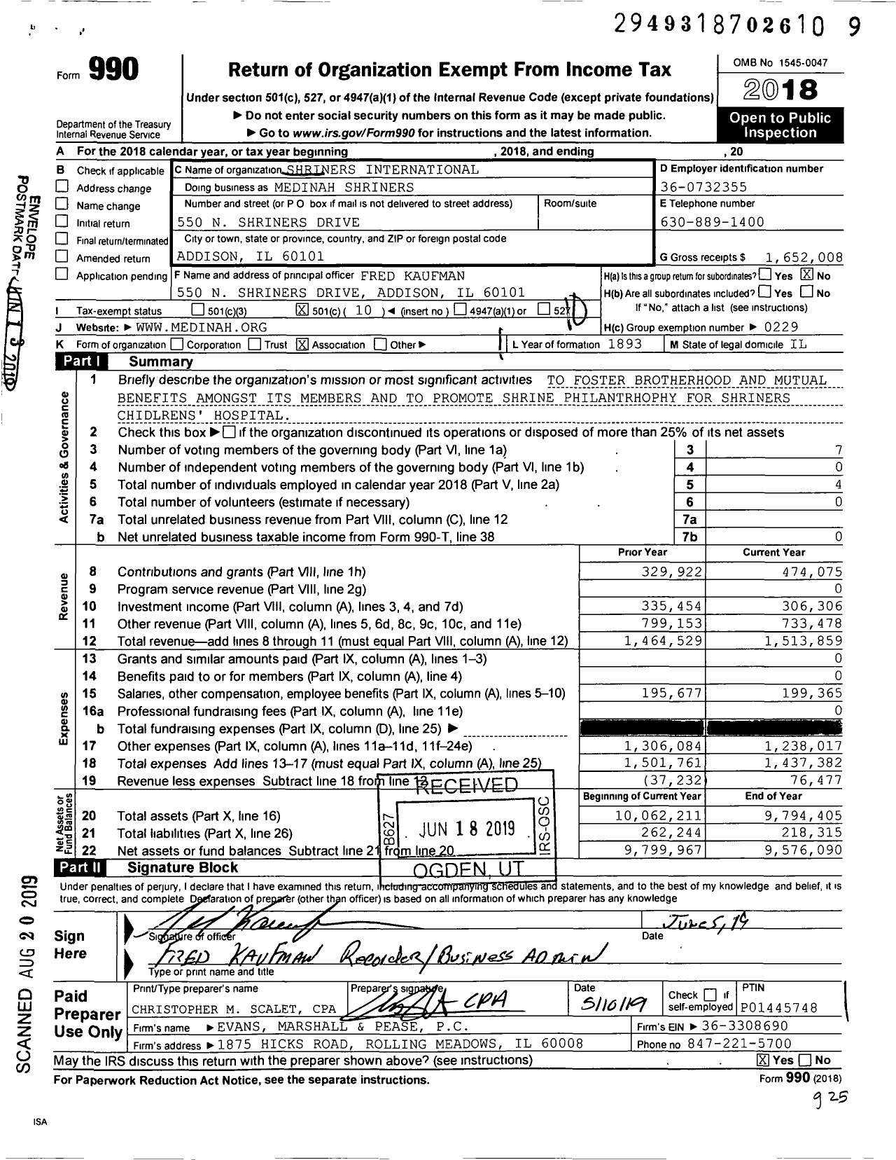 Image of first page of 2018 Form 990O for Shriners International - Medinah Shriners