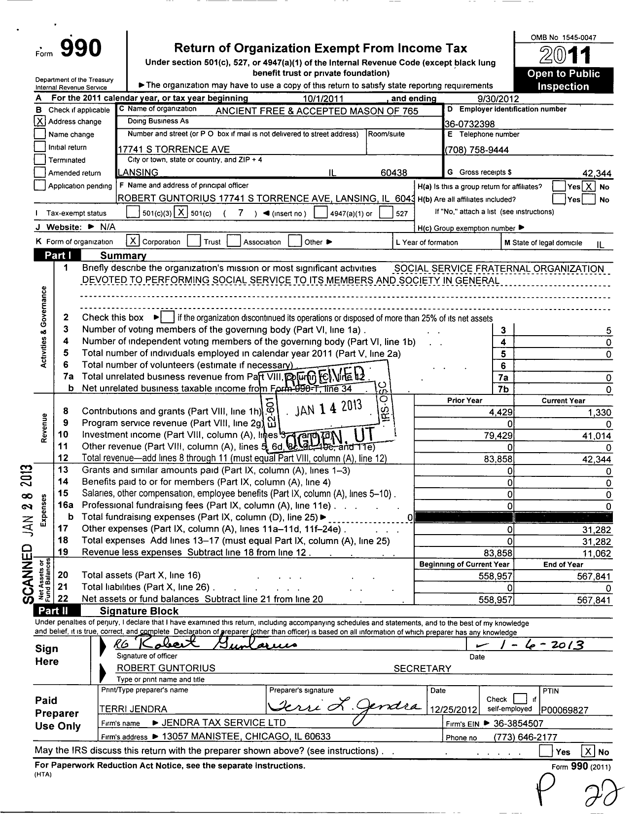 Image of first page of 2011 Form 990O for Ancient Free & Accepted Masons of Illinois - 765 Palace Lodge