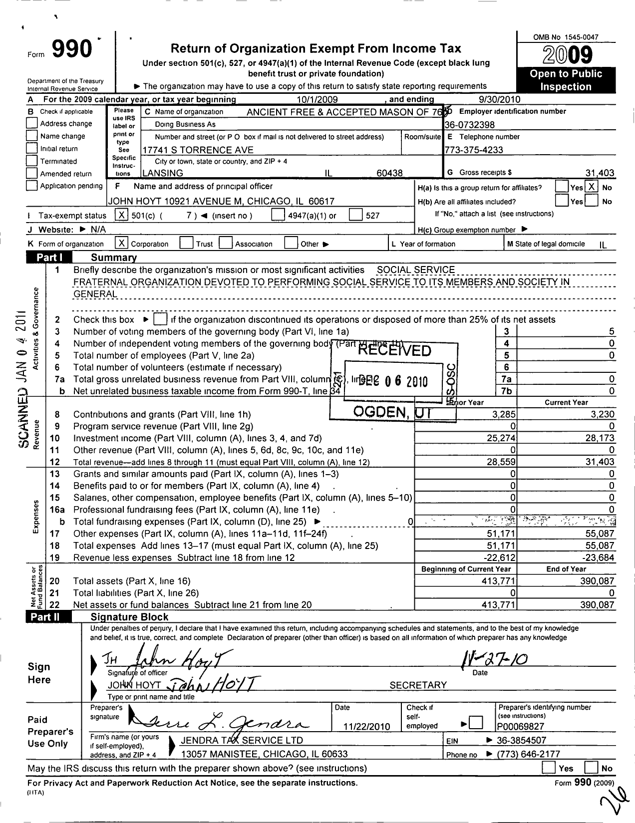 Image of first page of 2009 Form 990O for Ancient Free & Accepted Masons of Illinois - 765 Palace Lodge