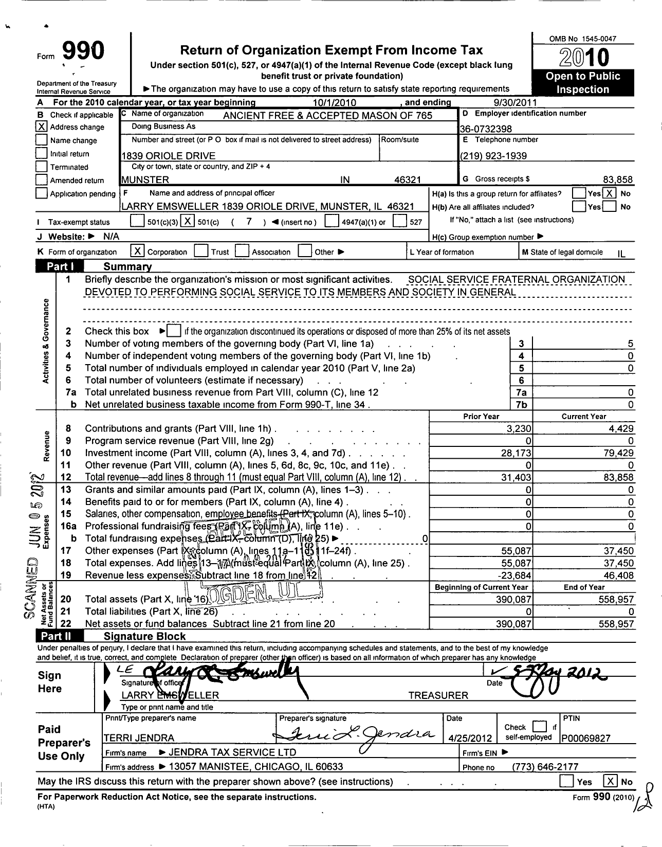 Image of first page of 2010 Form 990O for Ancient Free & Accepted Masons of Illinois - 765 Palace Lodge