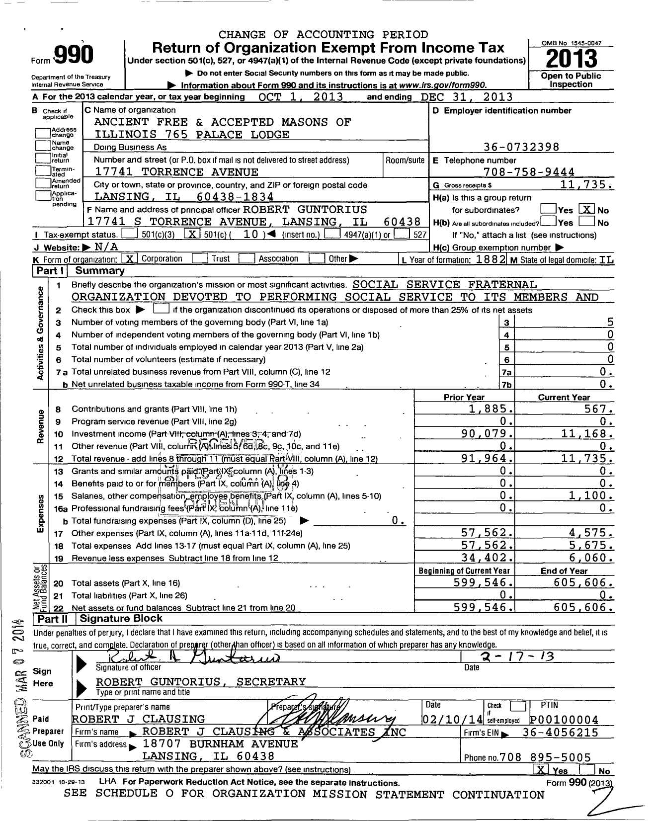 Image of first page of 2013 Form 990O for Ancient Free & Accepted Masons of Illinois - 765 Palace Lodge