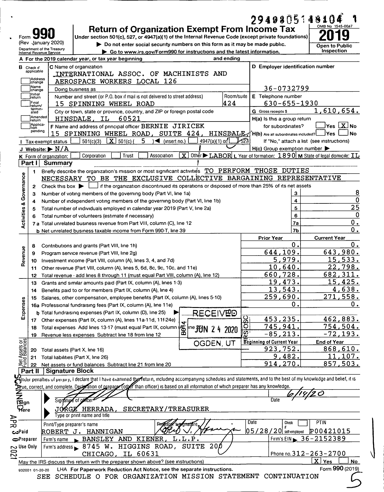 Image of first page of 2019 Form 990O for International Association of Machinists and Aerospace Workers - 126