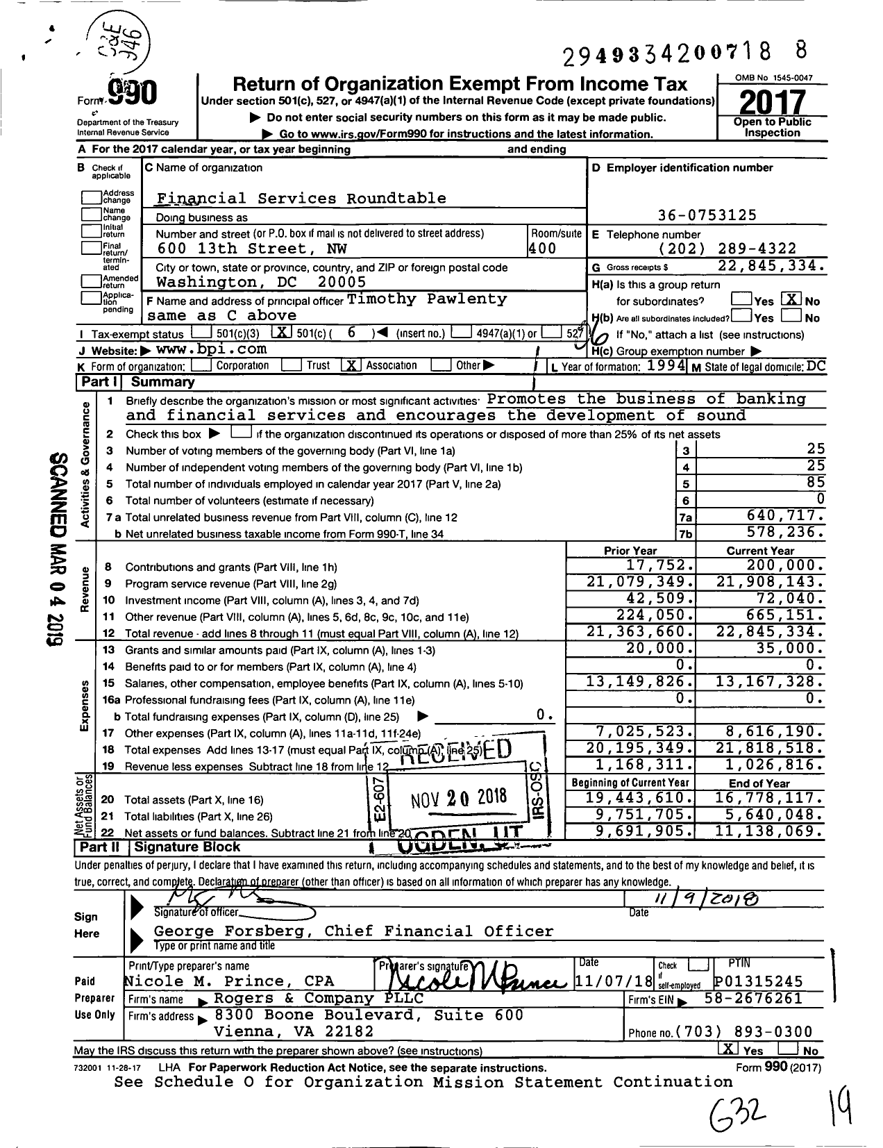 Image of first page of 2017 Form 990O for Bank Policy Institute (FSR)