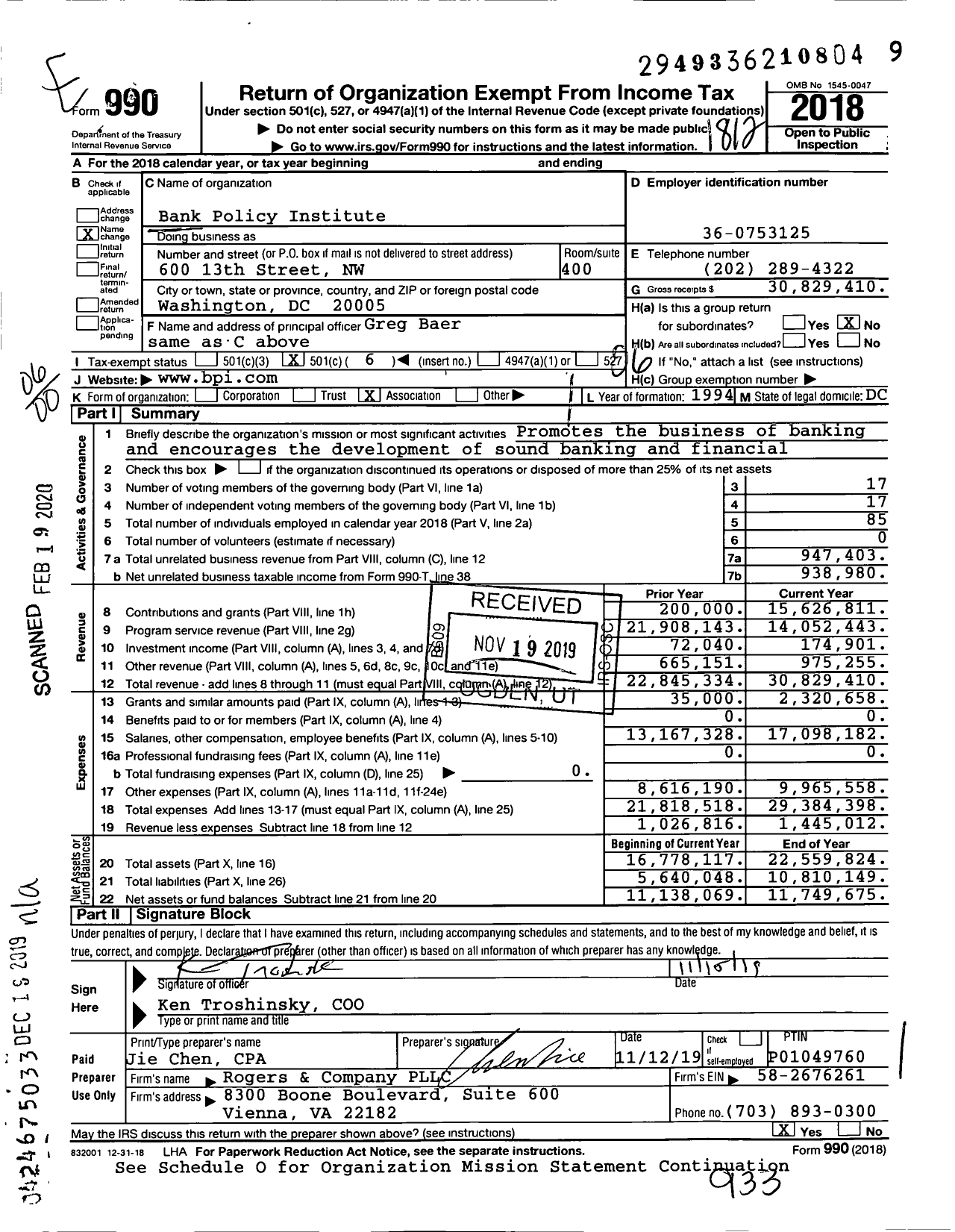 Image of first page of 2018 Form 990O for Bank Policy Institute (FSR)
