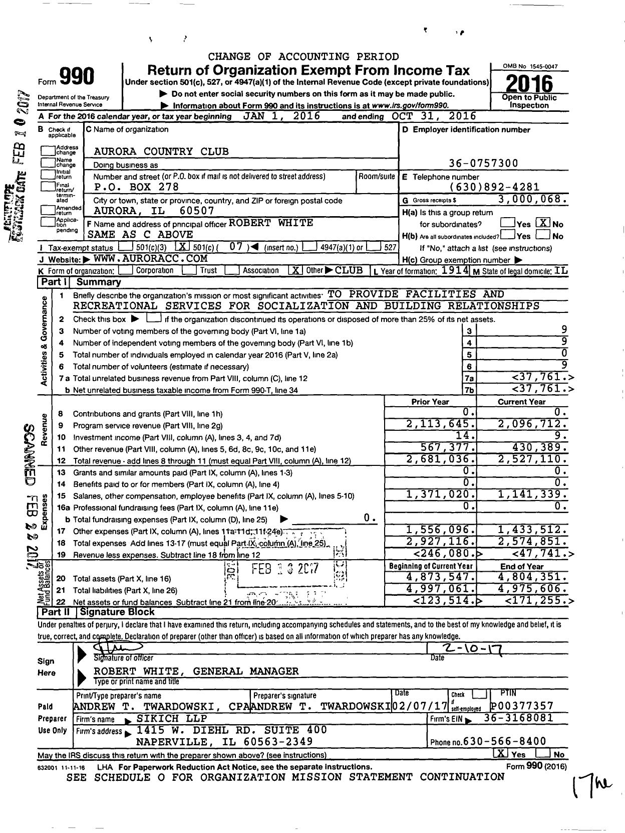 Image of first page of 2015 Form 990O for Aurora Country Club