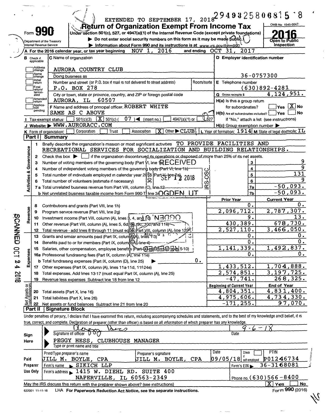 Image of first page of 2016 Form 990O for Aurora Country Club