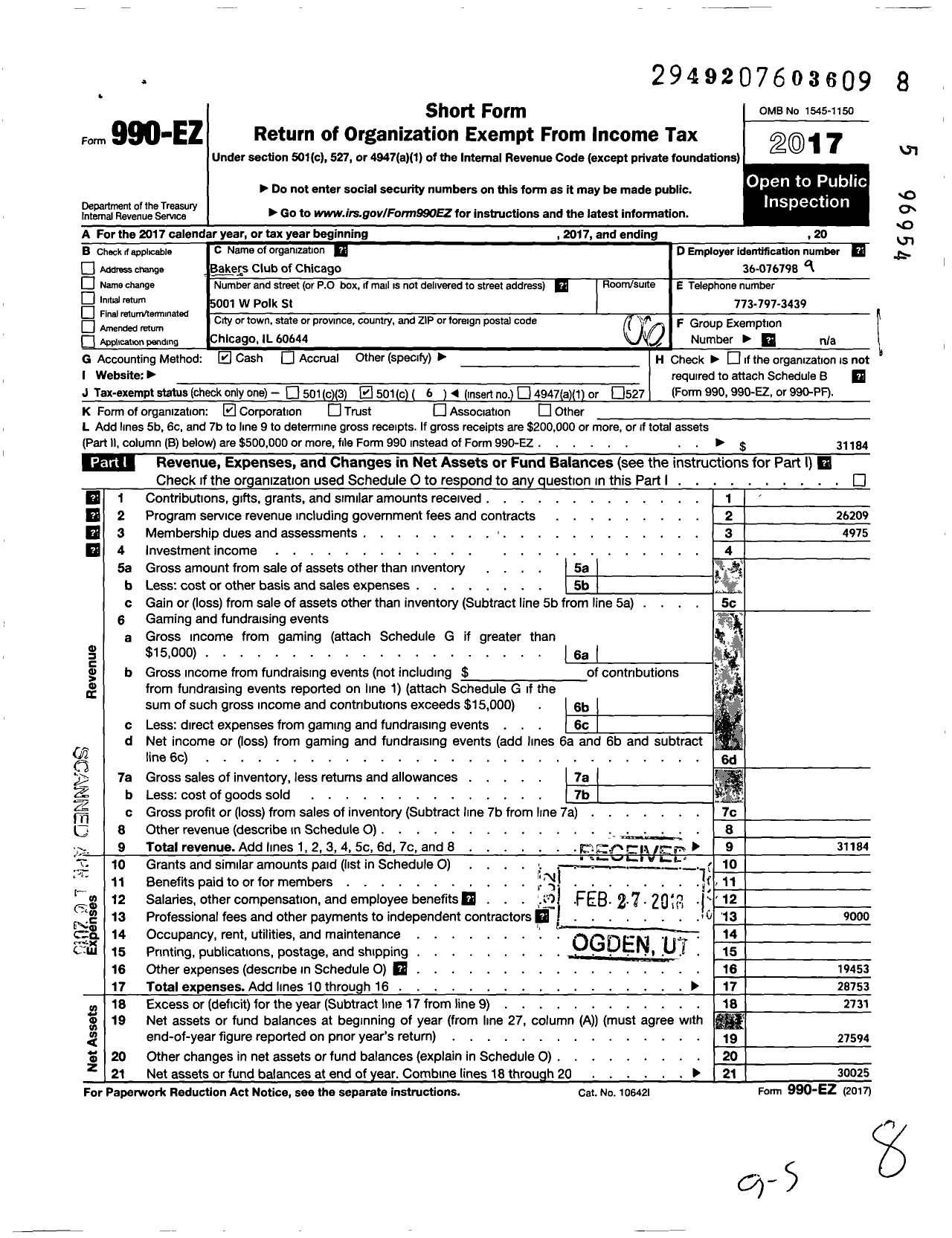 Image of first page of 2017 Form 990EO for Bakers Club of Chicago