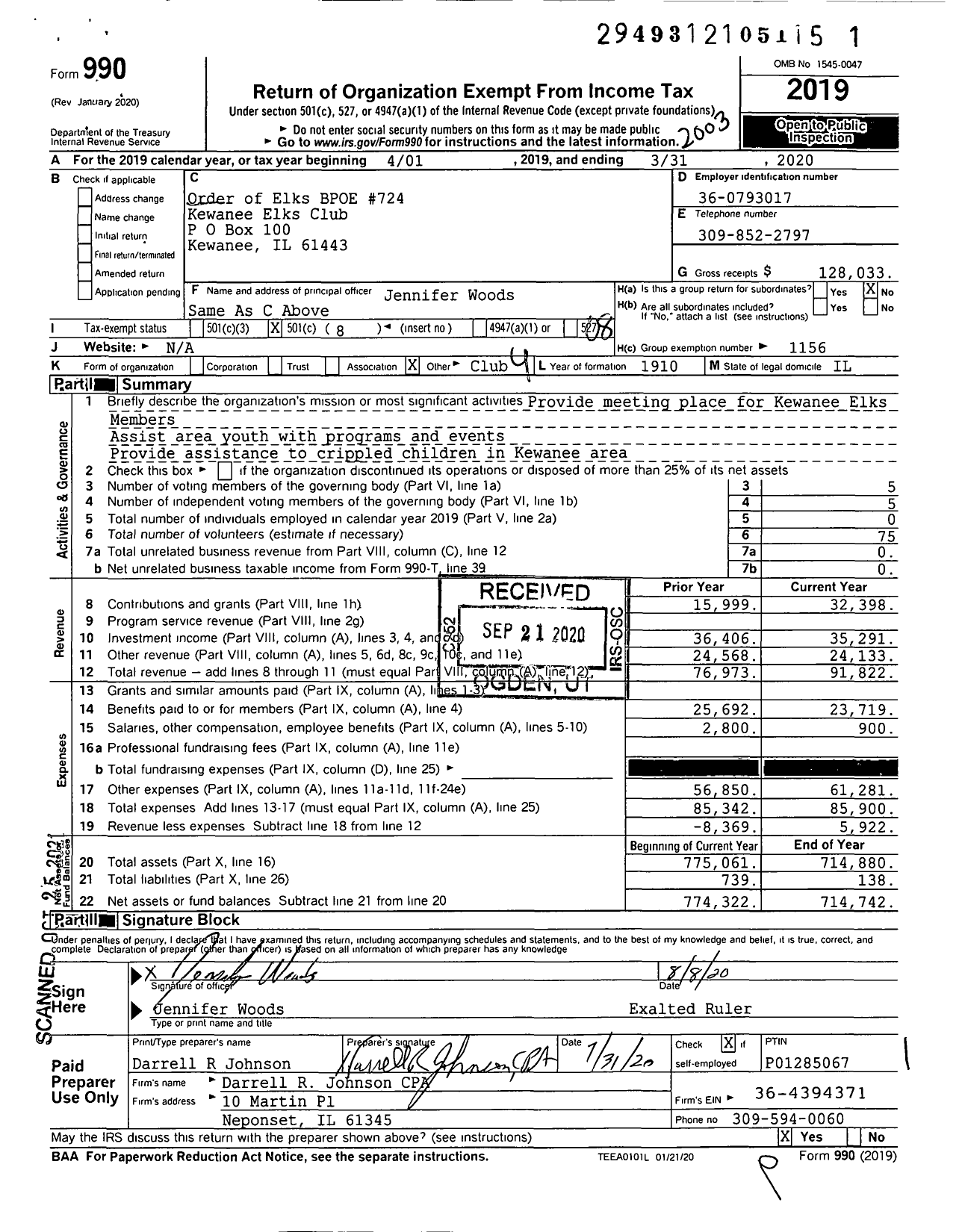 Image of first page of 2019 Form 990O for Benevolent and Protective ORDER of elks - 724 kewanee