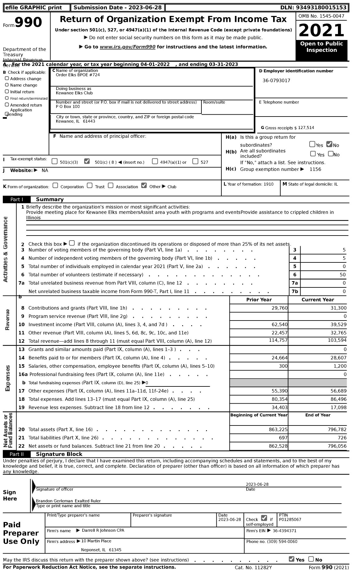 Image of first page of 2022 Form 990 for Benevolent and Protective ORDER of elks - 724 kewanee