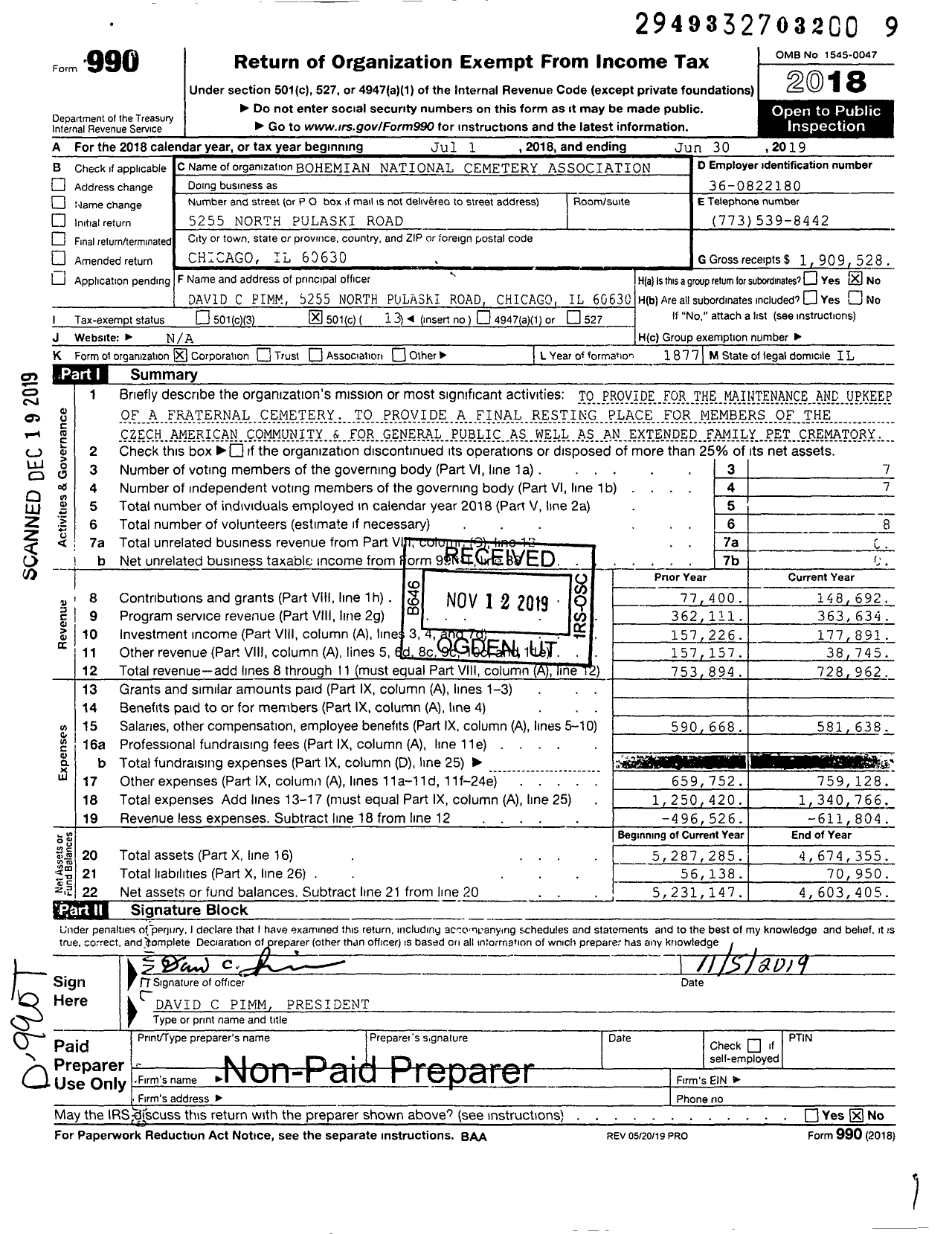 Image of first page of 2018 Form 990O for Bohemian National Cemetery Association