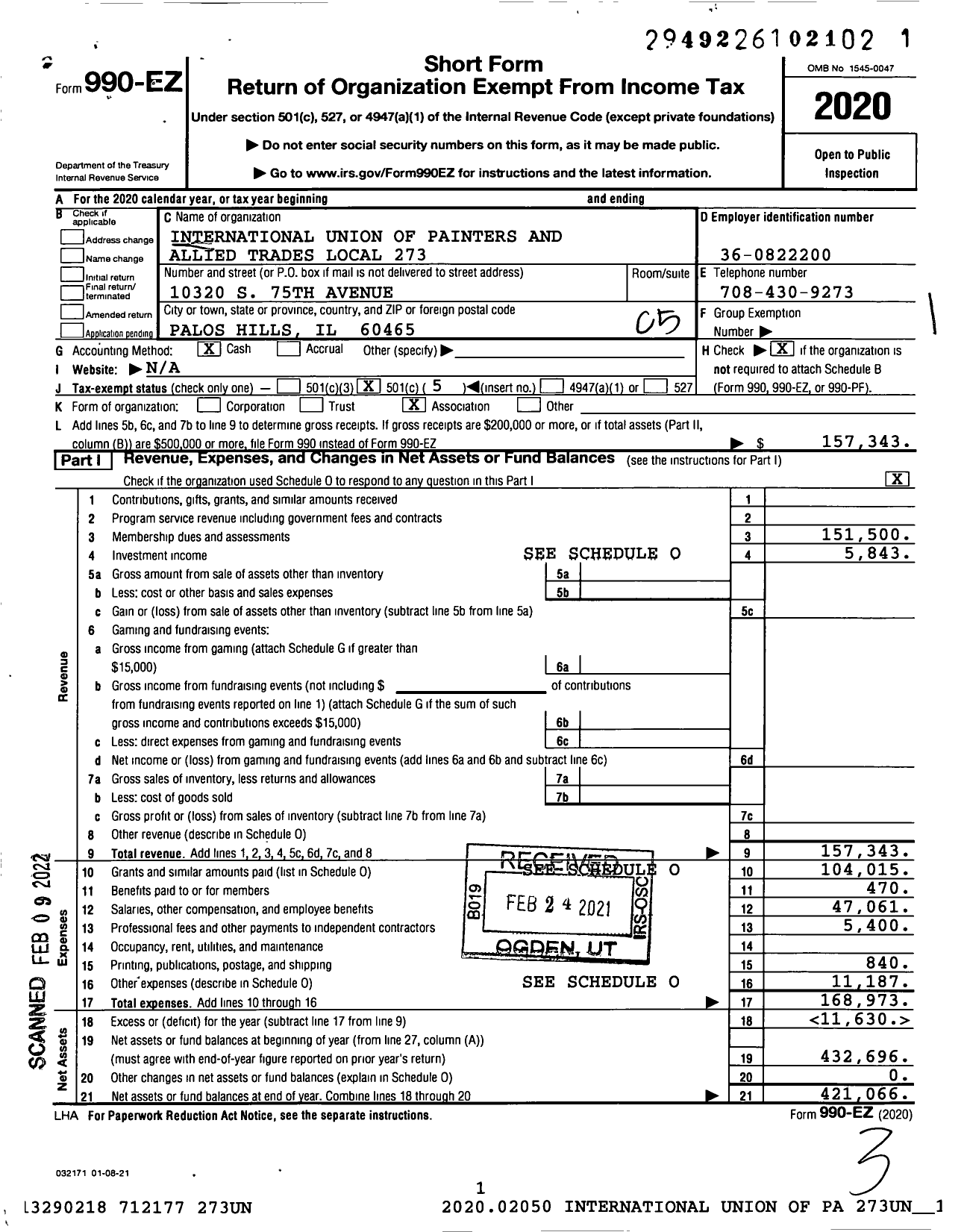 Image of first page of 2020 Form 990EO for International Union of Painters and Allied Trades - 273 Painters Local Union