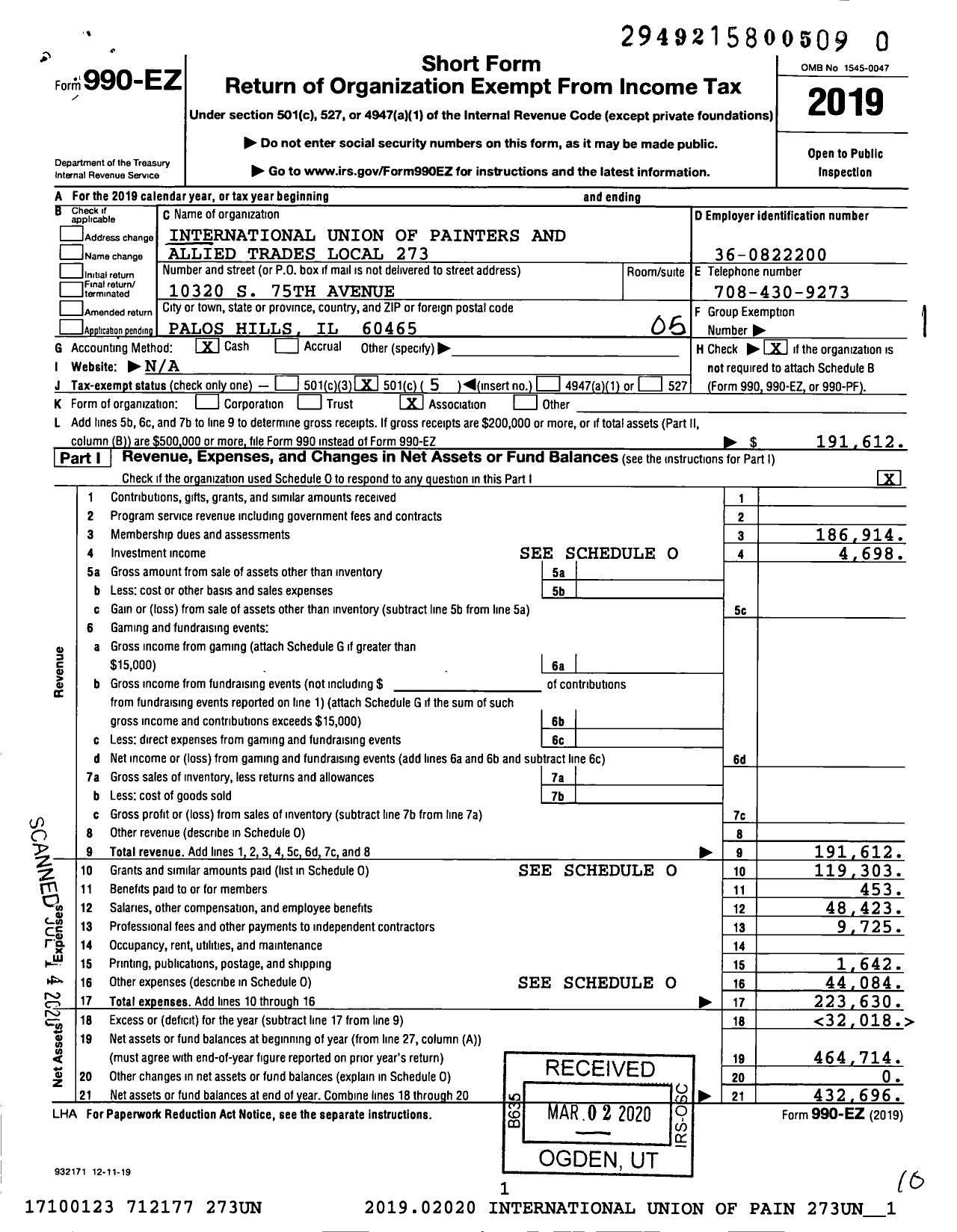 Image of first page of 2019 Form 990EO for International Union of Painters and Allied Trades - 273 Painters Local Union