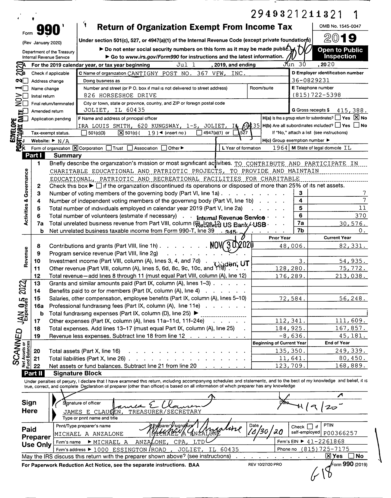 Image of first page of 2019 Form 990O for VFW Dept of Illinois - 367 Cantigny Post