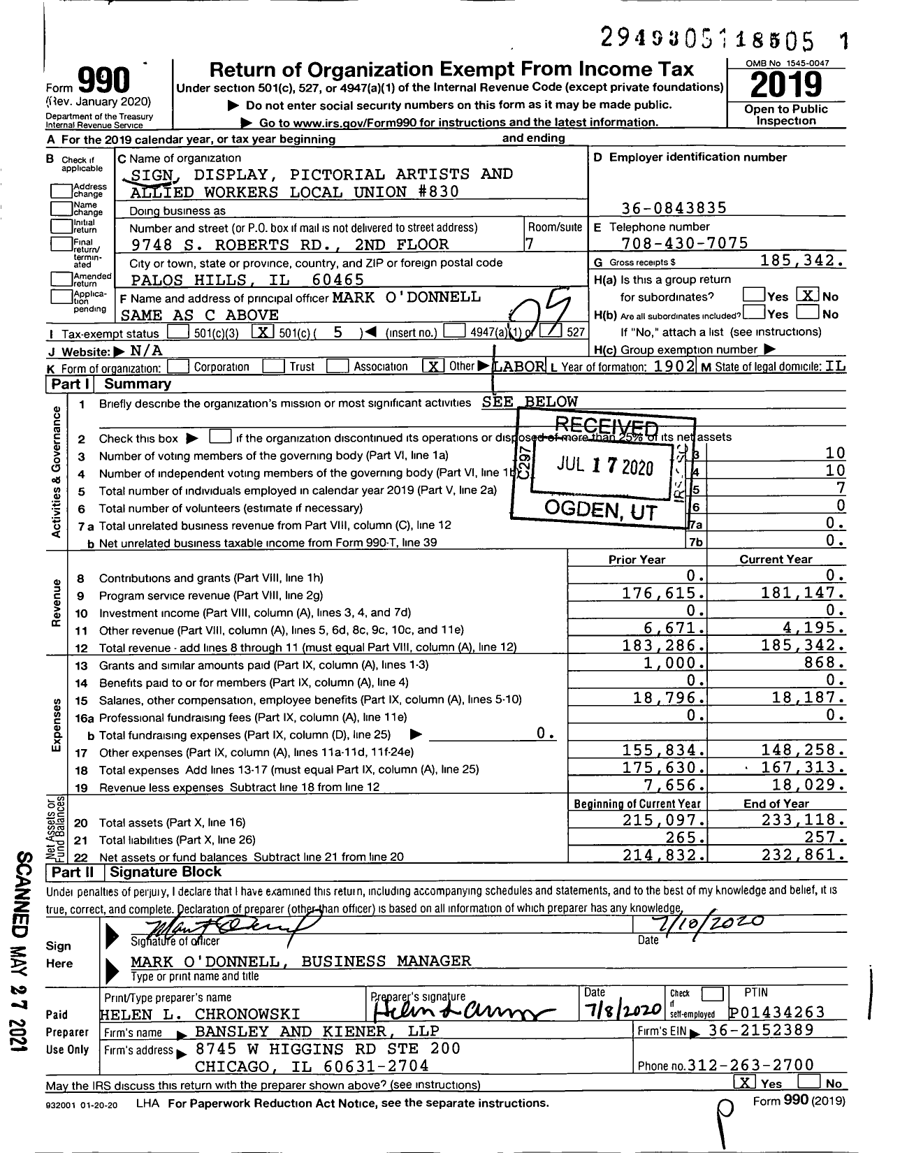 Image of first page of 2019 Form 990O for International Union of Painters and Allied Trades - 830 Sign Display Pictorial Artists