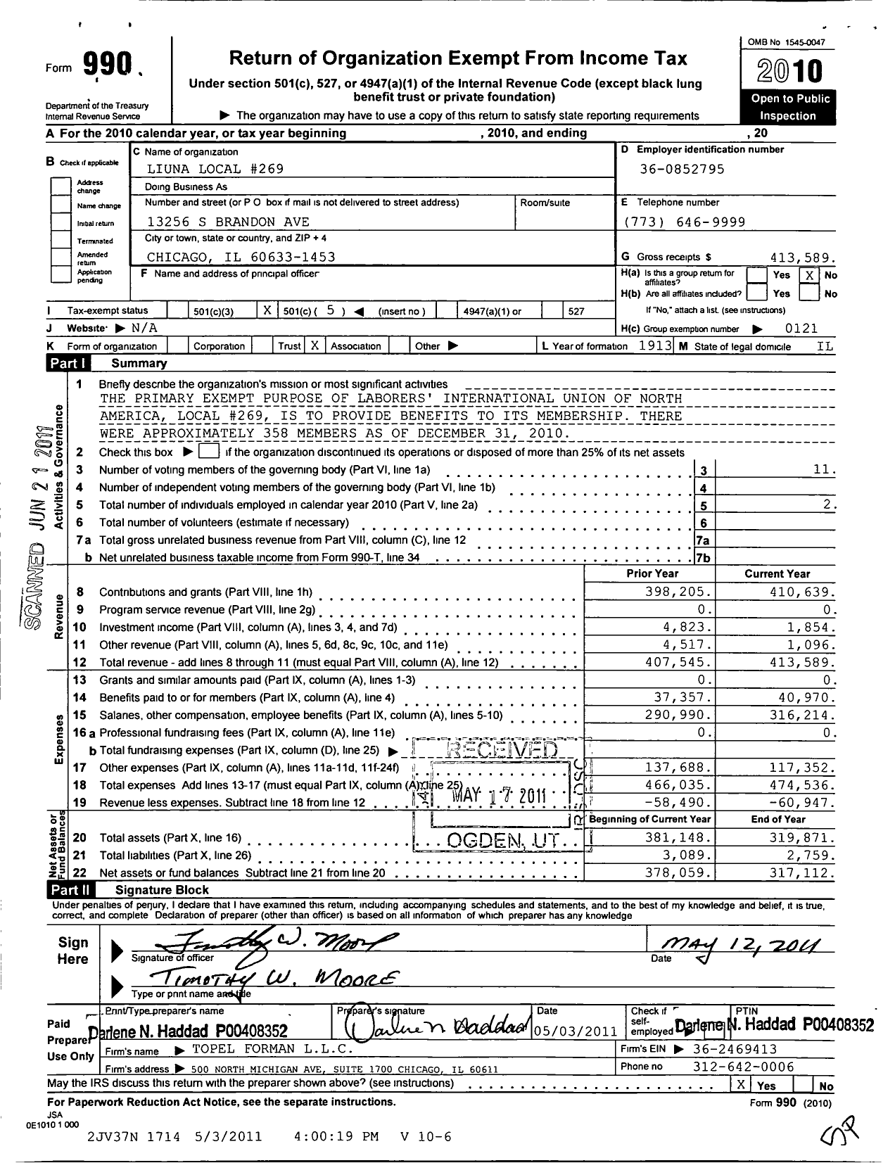 Image of first page of 2010 Form 990O for Laborers' International Union of North America - 269 Local Union