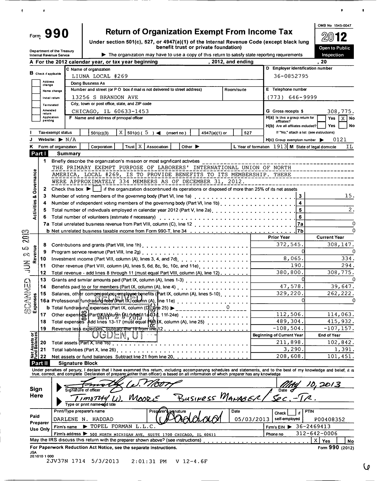 Image of first page of 2012 Form 990O for Laborers' International Union of North America - 269 Local Union