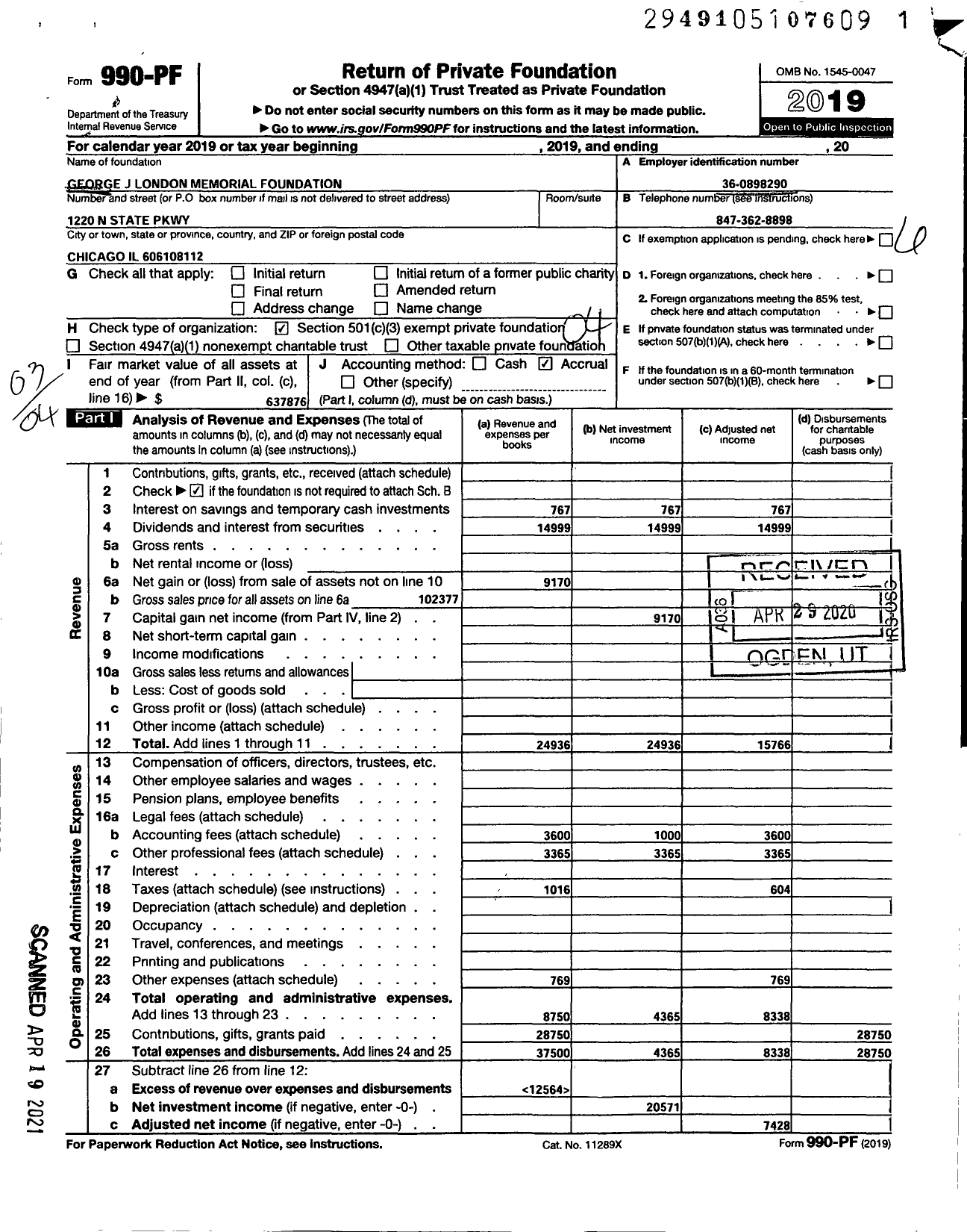 Image of first page of 2019 Form 990PF for George J London Memorial Foundation