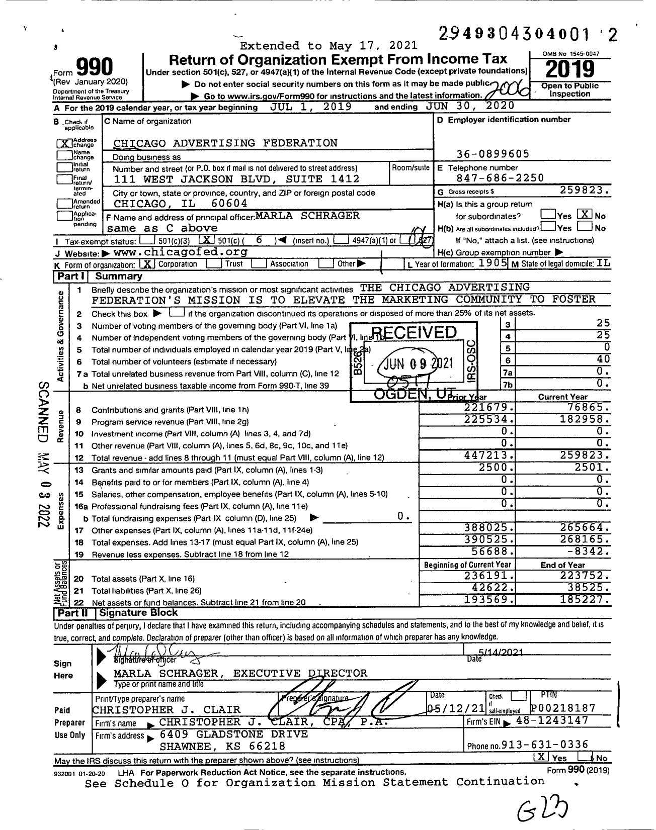 Image of first page of 2019 Form 990O for Chicago Advertising Federation